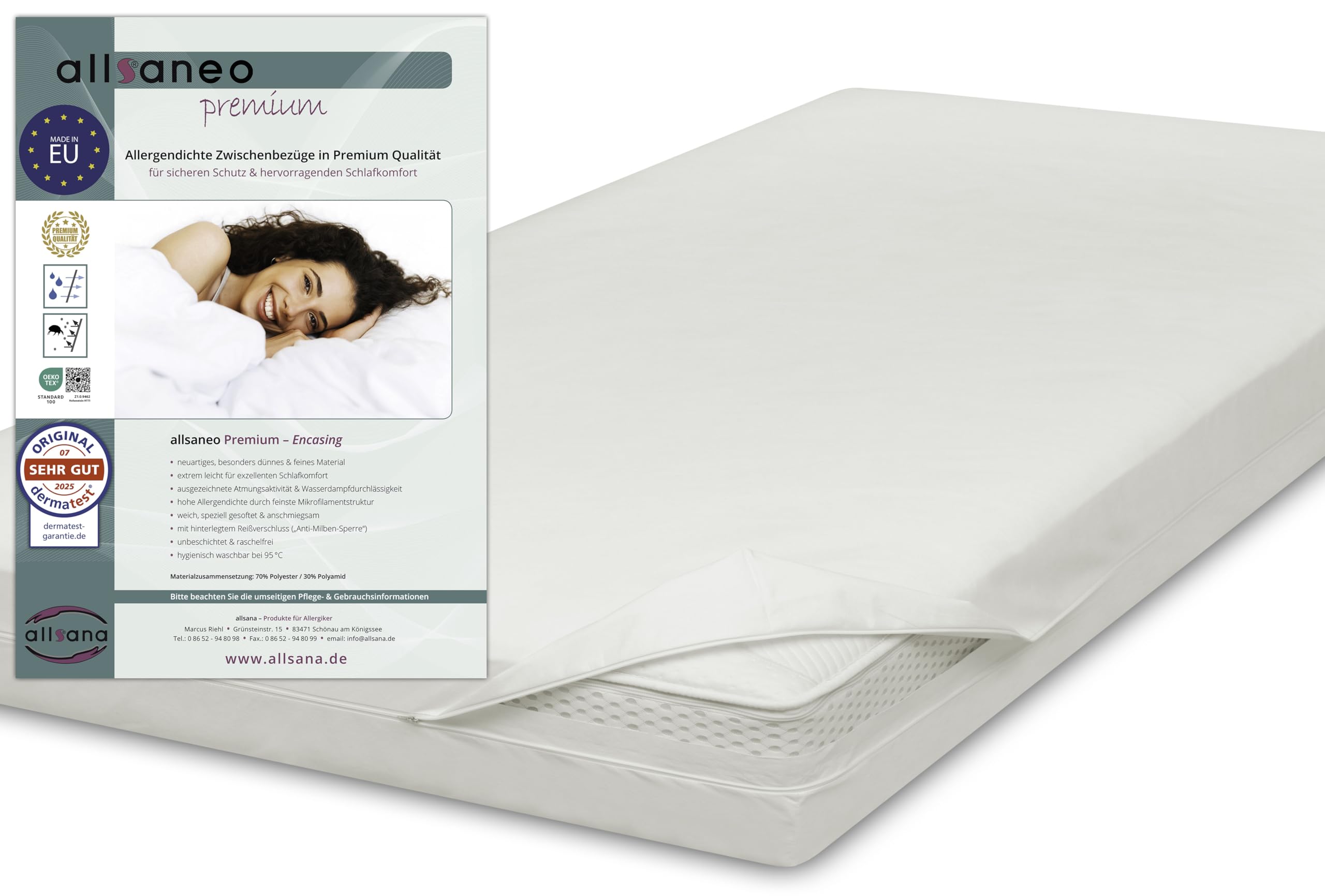allsaneo Premium Encasing, coprimaterasso 180 x 200 x 30 cm, per chi soffre di allergie, extra morbido e leggero, rivestimento intermedio antiacaro per materasso