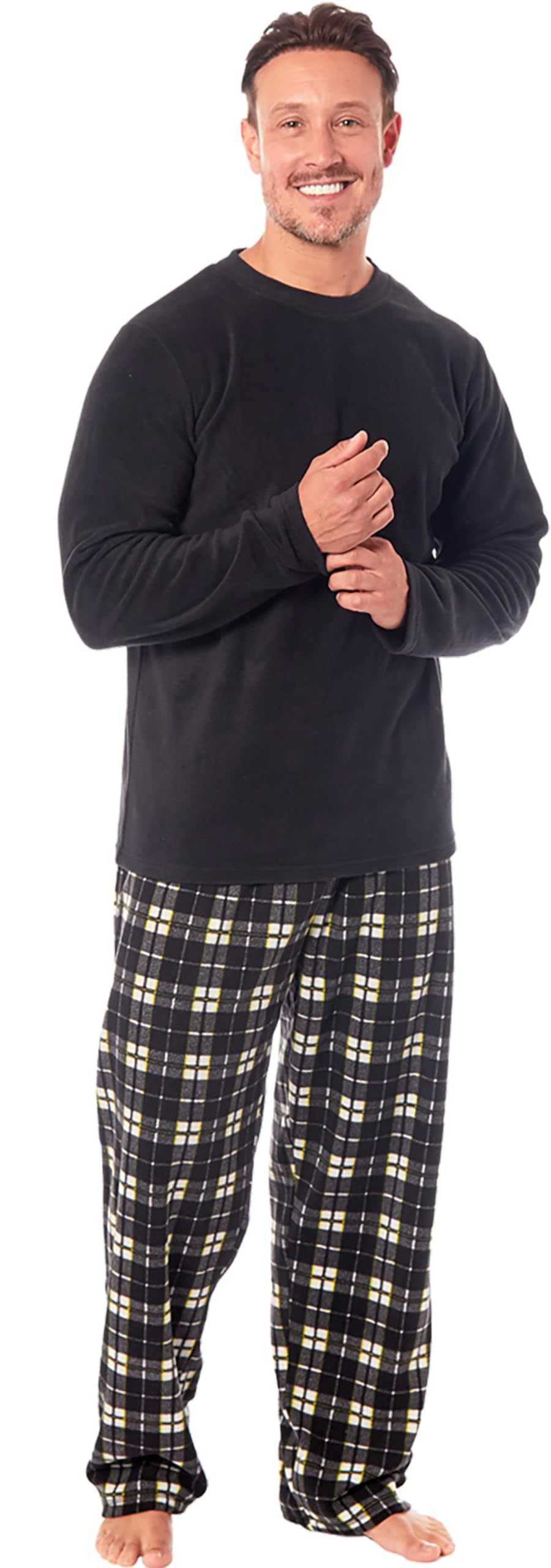 Michael Paul Men's Black Check Soft & Cosy Fleece Pyjamas | Warm Pj Set Nightwear Sleepwear Loungewear Modern Set With Check Bottoms | Soft Twosie Pyjama Set For Gifts For Him Black Xxl