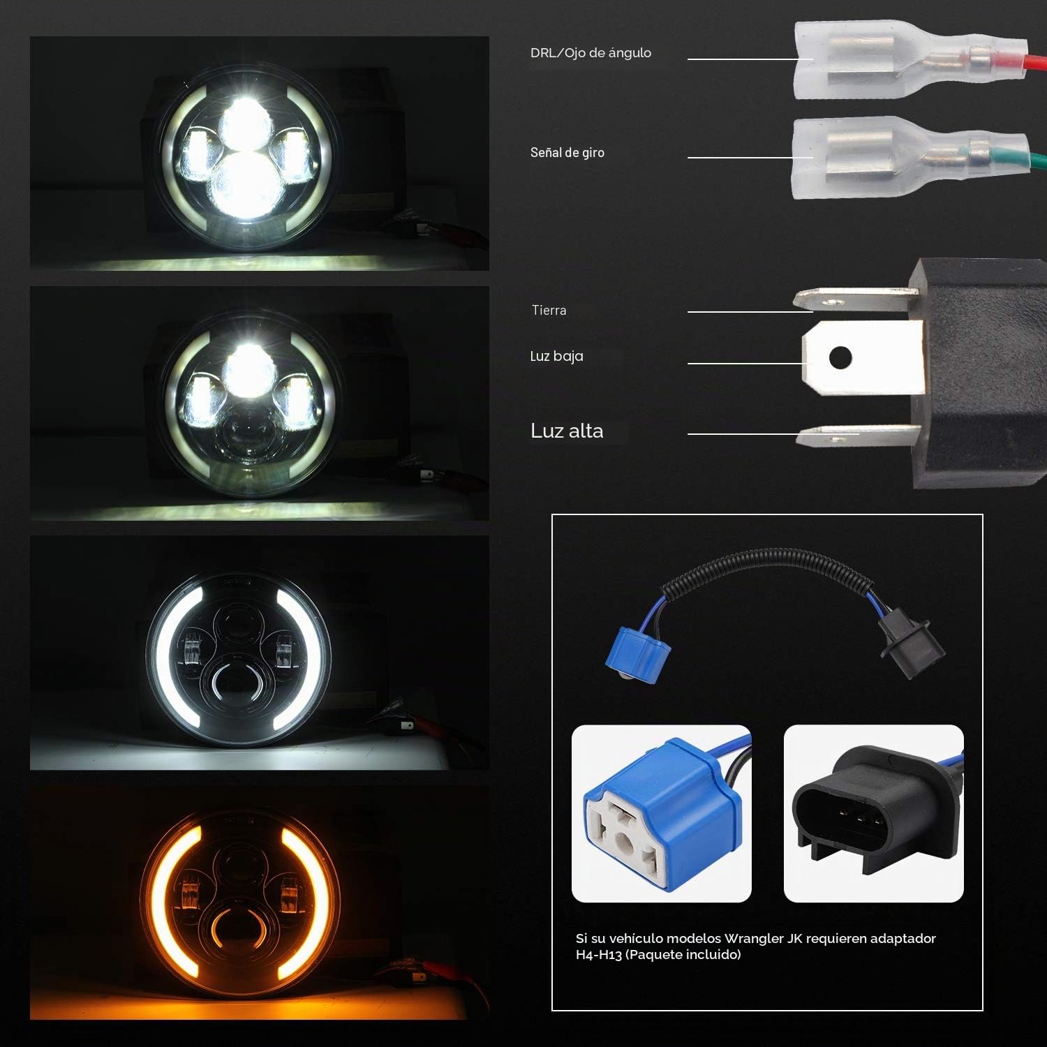 7" Luz de trabajo LED de100W 10000LM 4 lentes Ojos de ángel 3000K+6000K 4 modos de iluminación Luces LED todoterreno redondas negras Cree Luz baja DRL HI LO Haz para Wrangler JK TJ LJ CJ Hummber H1 H2