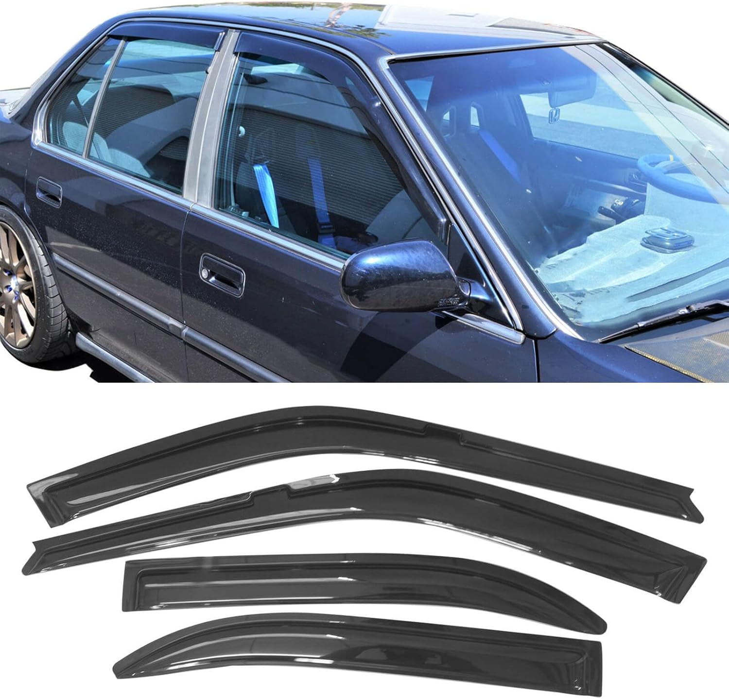 Window Visor Compatible with 1990-1993 Honda Accord 4 Door, Slim Style Acrylic Smoke Tinted & Semi-Transparent Sun Rain Wind Guards Shield Vent by IKON MOTORSPORTS, 1991 1992