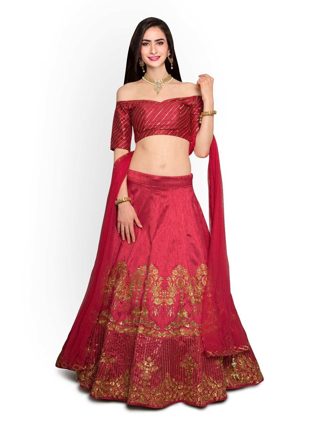 Zeel ClothingWomen's Art Silk Embroidered Semi-Stitched Lahenga Choli with Dupatta (7030-Red; Free Size)