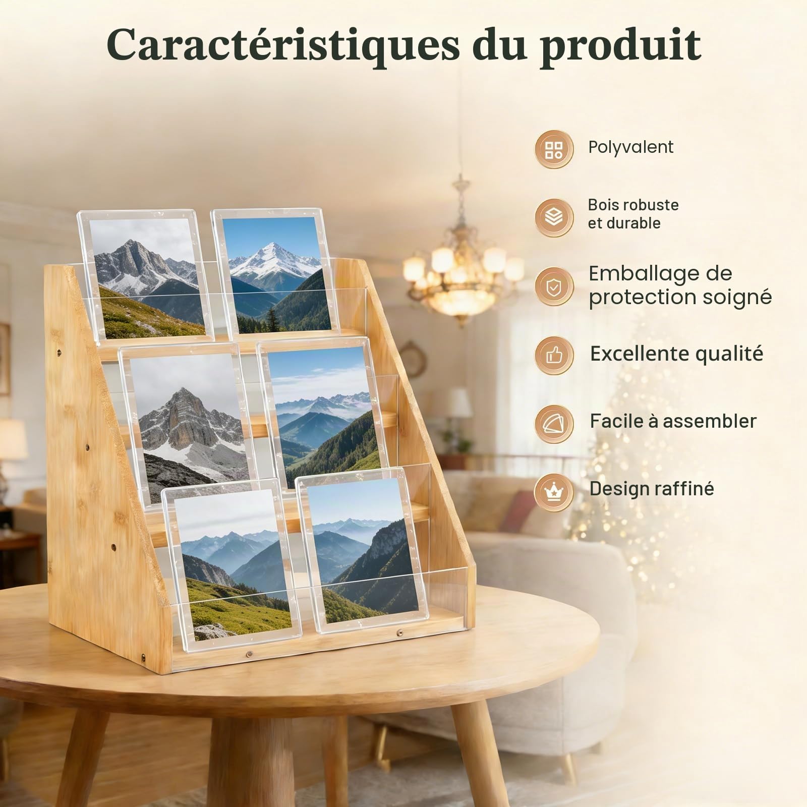 Présentoir à 4 Niveaux pour Cartes en Bambou et Acrylique, Support d'Exposition Portable avec Vitrine, Pour Étiquettes, Comptoir, Commerce de Détail, Bureau et Événements