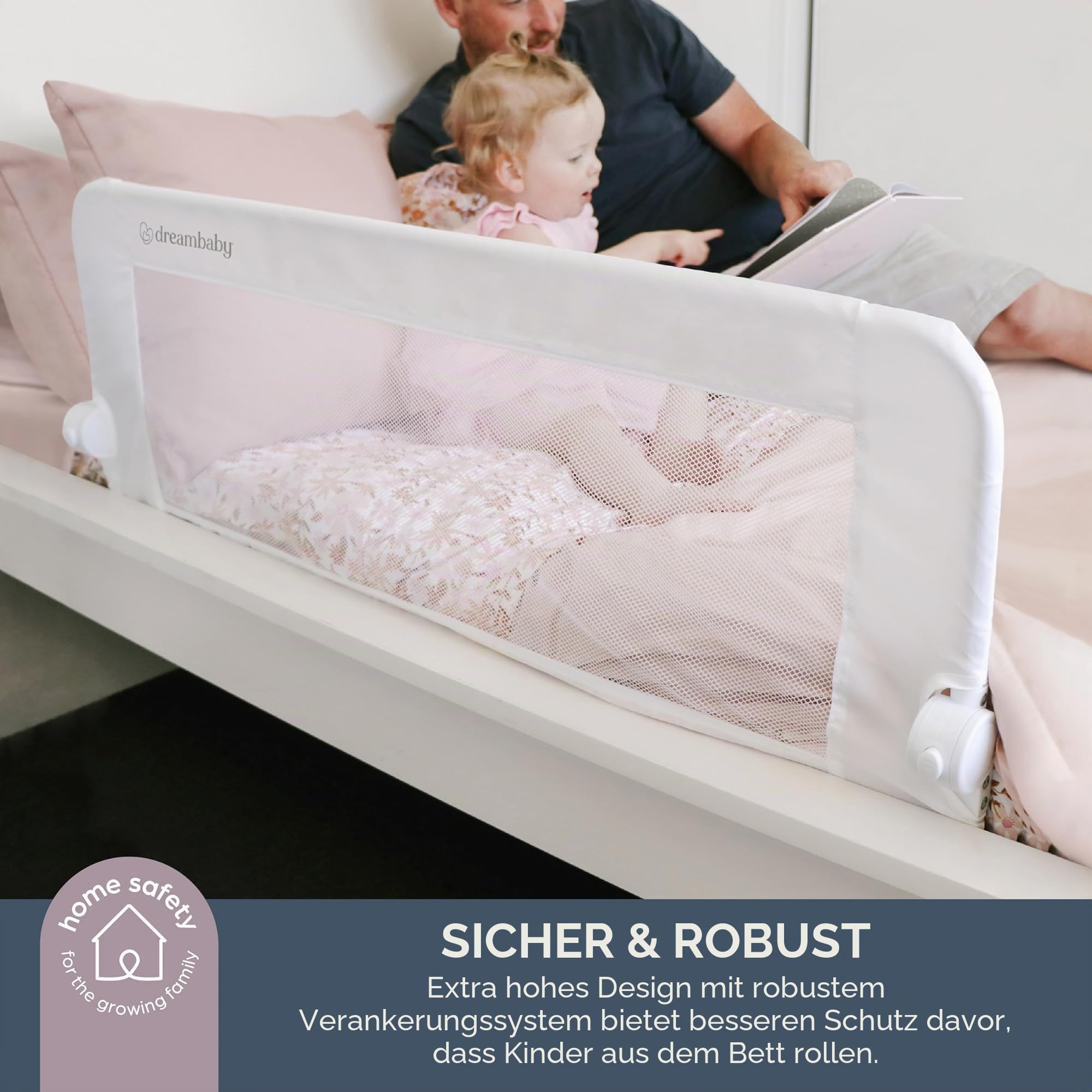 Dreambaby G7742 Bettgitter Maggie – für Einbaubetten und Flachbetten – 110 cm breit und 50 cm hoch, Weiß