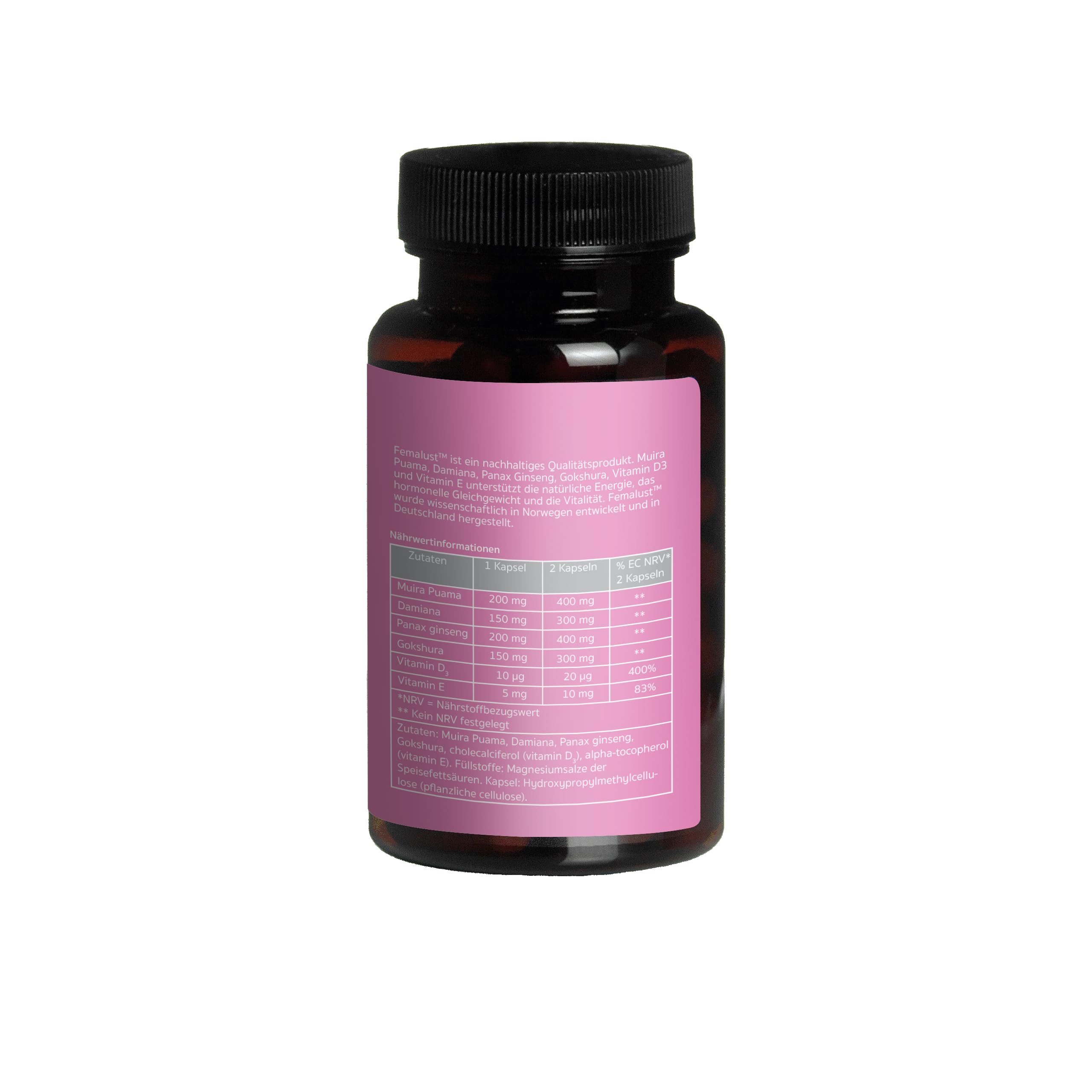 Femalust™ für weibliche Vitalität, Östrogen & Leidenschaft –Damiana, Panax ginseng,Muira Puama, Gokshura (Tribulus Terrestris), Vitamin D3, Vitamin E - Vegetarisch, gluten & laktosefrei - 60 Kapseln