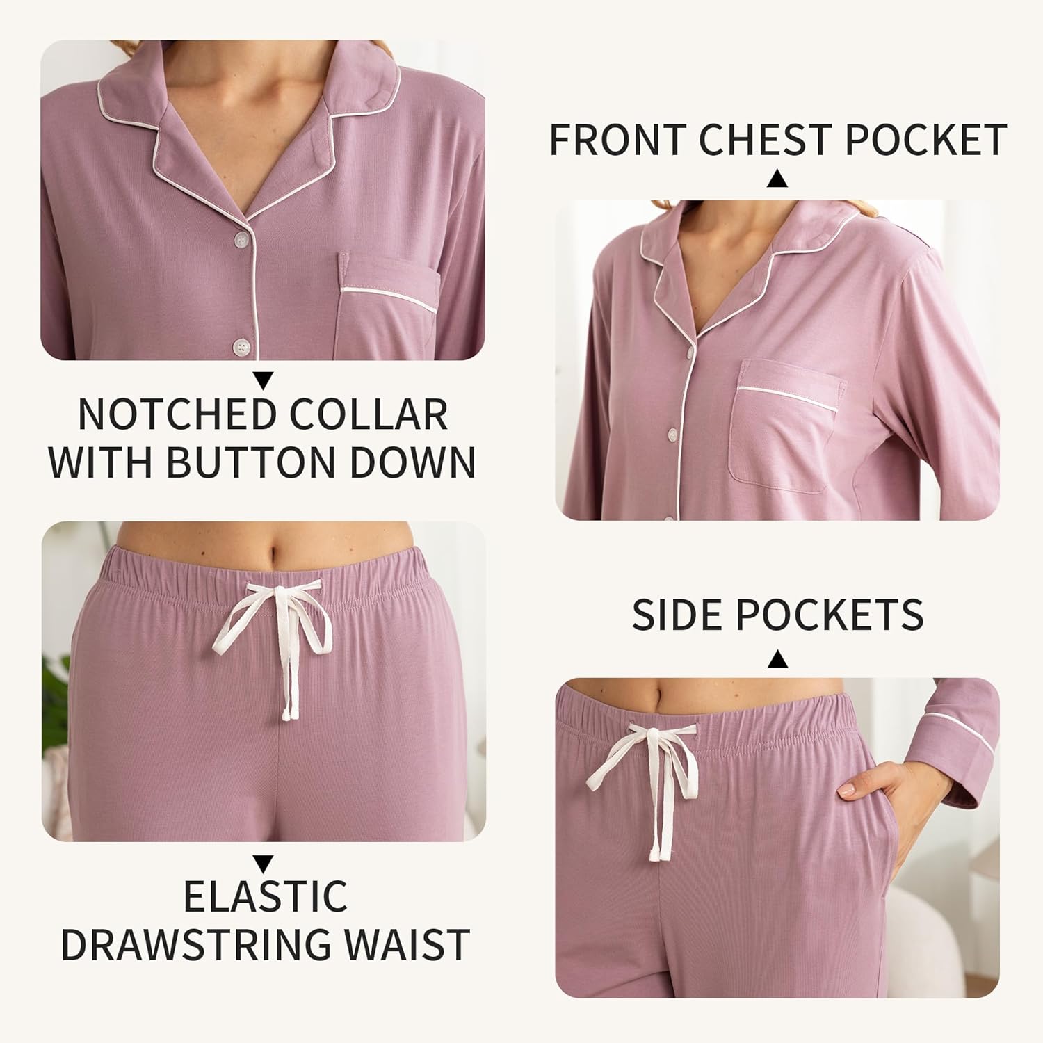 LYCY Womens Soft Pajama Set Long Sleeve with Pockets Button Up Sleepwear Lounge Pjs 2-Piece - Image 4