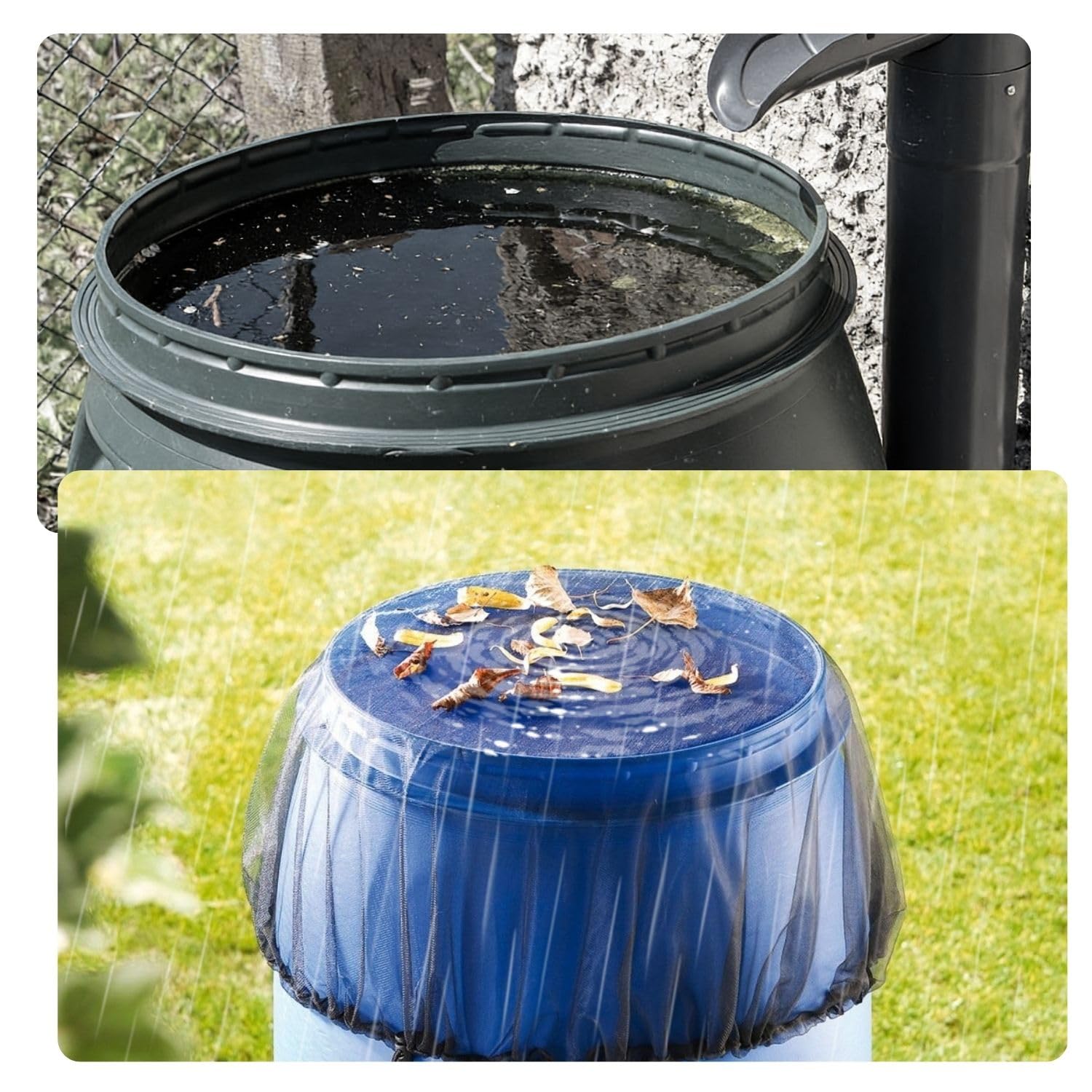 Lot de 3 filets de citerne de pluie 100 cm réglable avec cordon de serrage protection contre les feuilles insectes
