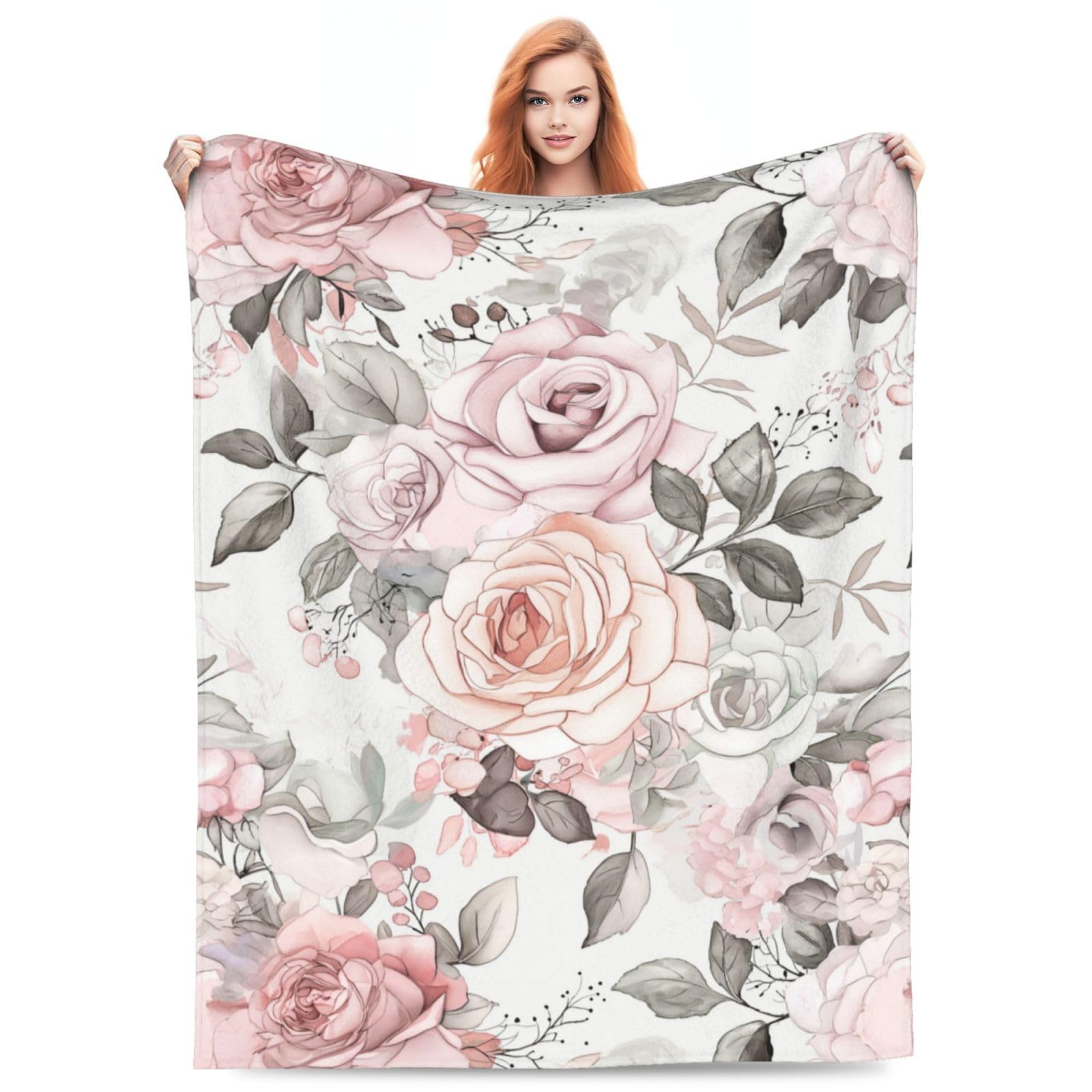 Turamurra Floral Rose Blanket Gifts for Women Girls Soft Warm Lightweight Cozy Pink Grey Watercolor Flower Throw Blankets for Bed Sofa Living Room Couch Home Decor 50"x40" โ image 1