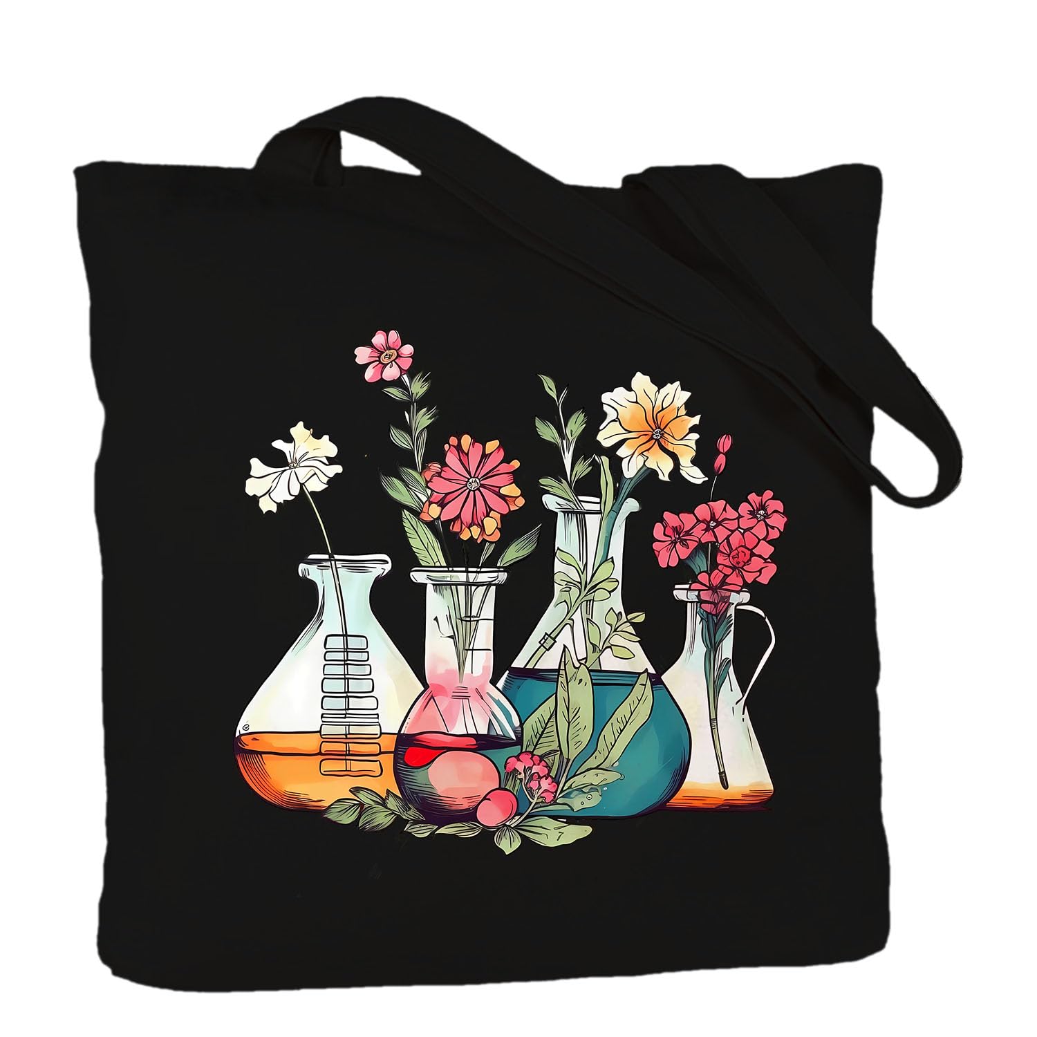 Science Teacher Tote Bag Gift, Floral Beakers Tote Bag Bags Aesthetic Totes, Laboratory Science Teacher Appreciation, Chemistry Gift for Teacher, MLT Medical Lab Tech Technician, Science Gifts (Black)