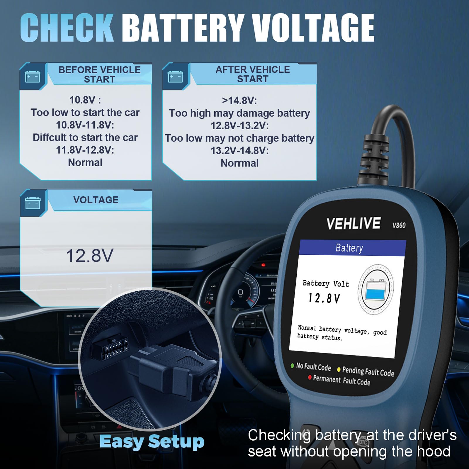 V860 - Scanner diagnostico OBD2 per auto, con stampante, lettore di codice automobilistico e strumento di ripristino, test della batteria, lettore di codici di luce del motore e cancellazione