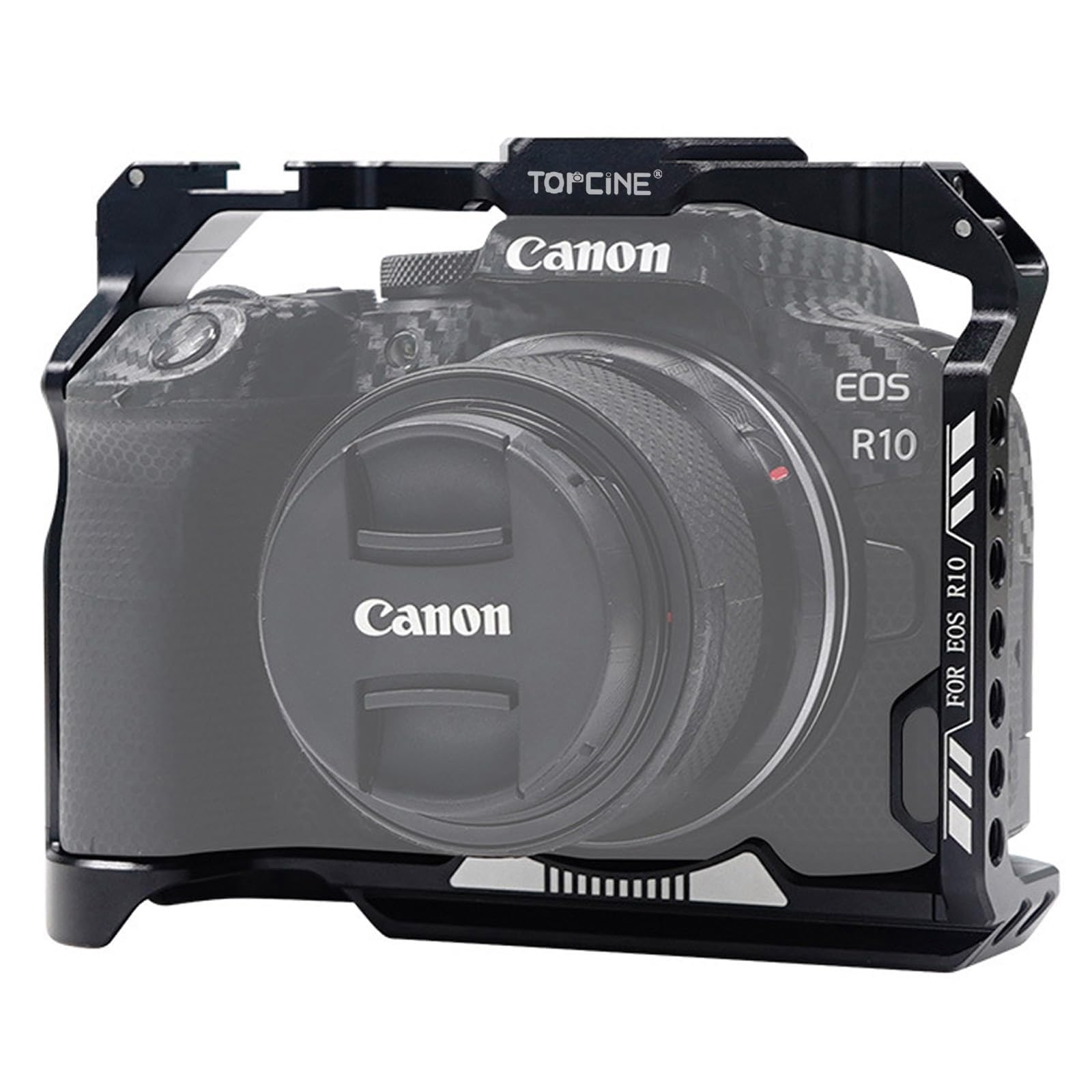 Topcine Camera Cage for Canon EOS R10 Camera with 1/4"-20 and 3/8"-16 Threaded Hole Cold Shoe and Arca Quick Release Plate Aluminum Alloy R10 Full