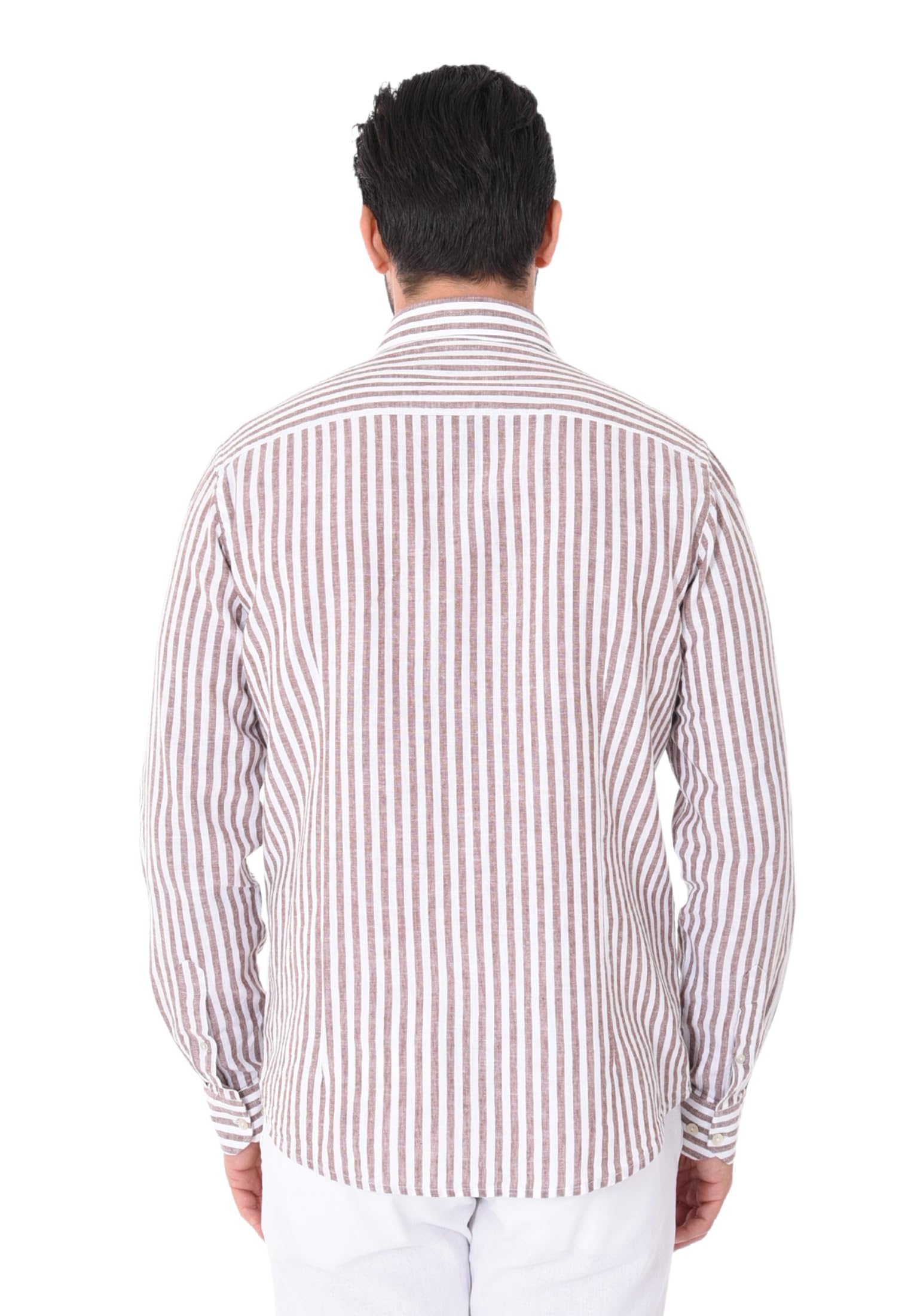 Camicia Lino Uomo a Righe Collo Francese Camicia Elegante Estiva Slim Fit