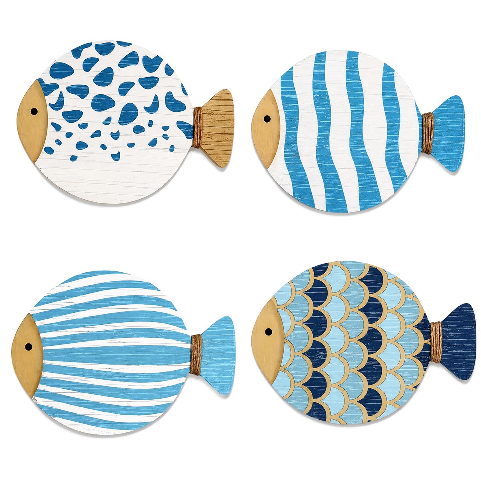 KIPTVO 4Pcs Wooden Fish Wall Decor & Coaster Set, Blue Nautical Coastal Art, Ocean Beach Themed Ornaments for Bathroom Wall, Outdoor Patio, Lake House & Home Decor Accessories