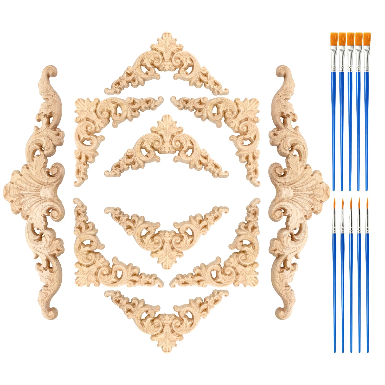 10 Pcs Wooden Applique Trim Decorative, Wooden Applique Mouldings Unfinished, Wood Onlays with Painting Brush for Door Kitchen Counters Shelf Decoration