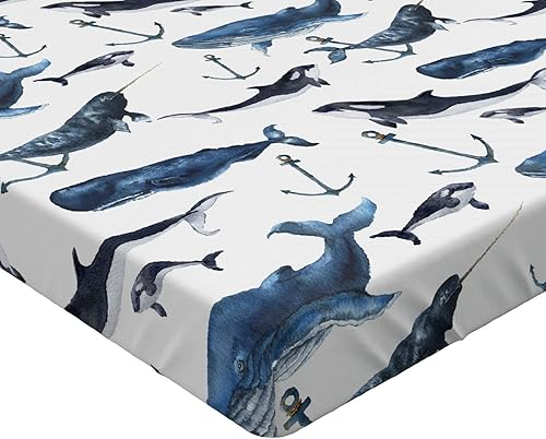 Miniatura 2 de Ambesonne Narwhal - Sábana bajera ajustable, narvales de acuarela, orcas y ballenas azules con anclas, funda de cama con bolsillo profundo elástico