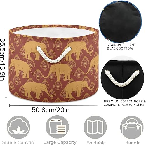 Miniatura 2 de visesunny Cesta de almacenamiento de plumas de pavo real de elefante marrón, cesta étnica india para guardería, cesta organizadora de almacenamiento