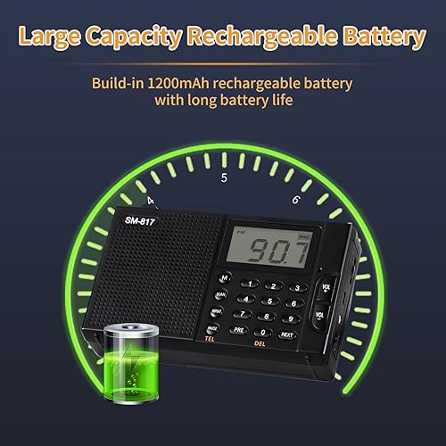 Miniatura 5 de Radio portátil AM FM SW Bluetooth con batería recargable de 1200 mAh, pequeña radio de onda corta sintonización digital, pantalla LCD, soporte USB y