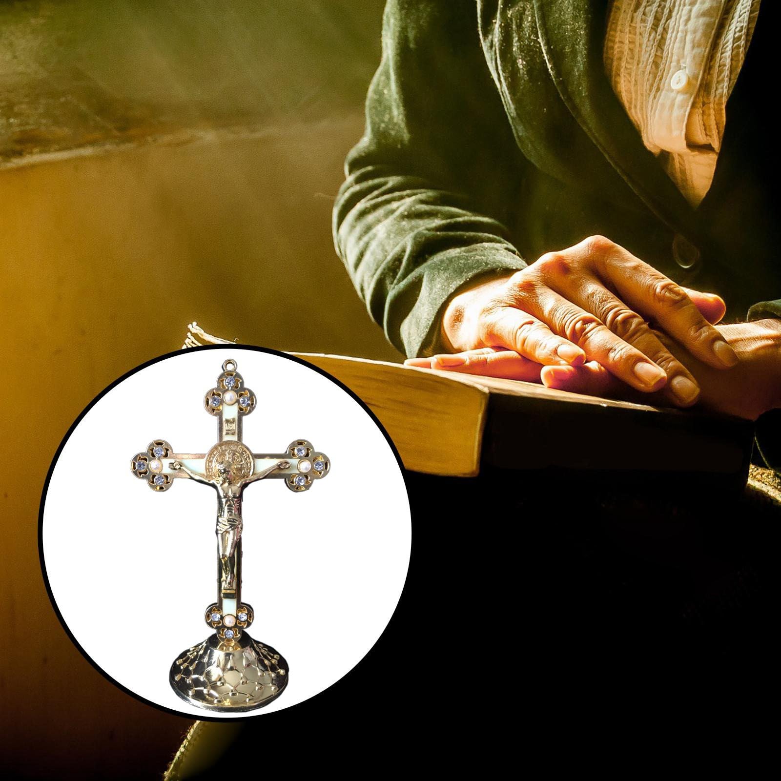 Kreuz Statue Figur, Stehendes Kruzifix Jesus Kreuz mit Sockel, Kreuz Stehend für Geschenke Auto Home Kapellen Dekoration und Tischdekoration (Gold)