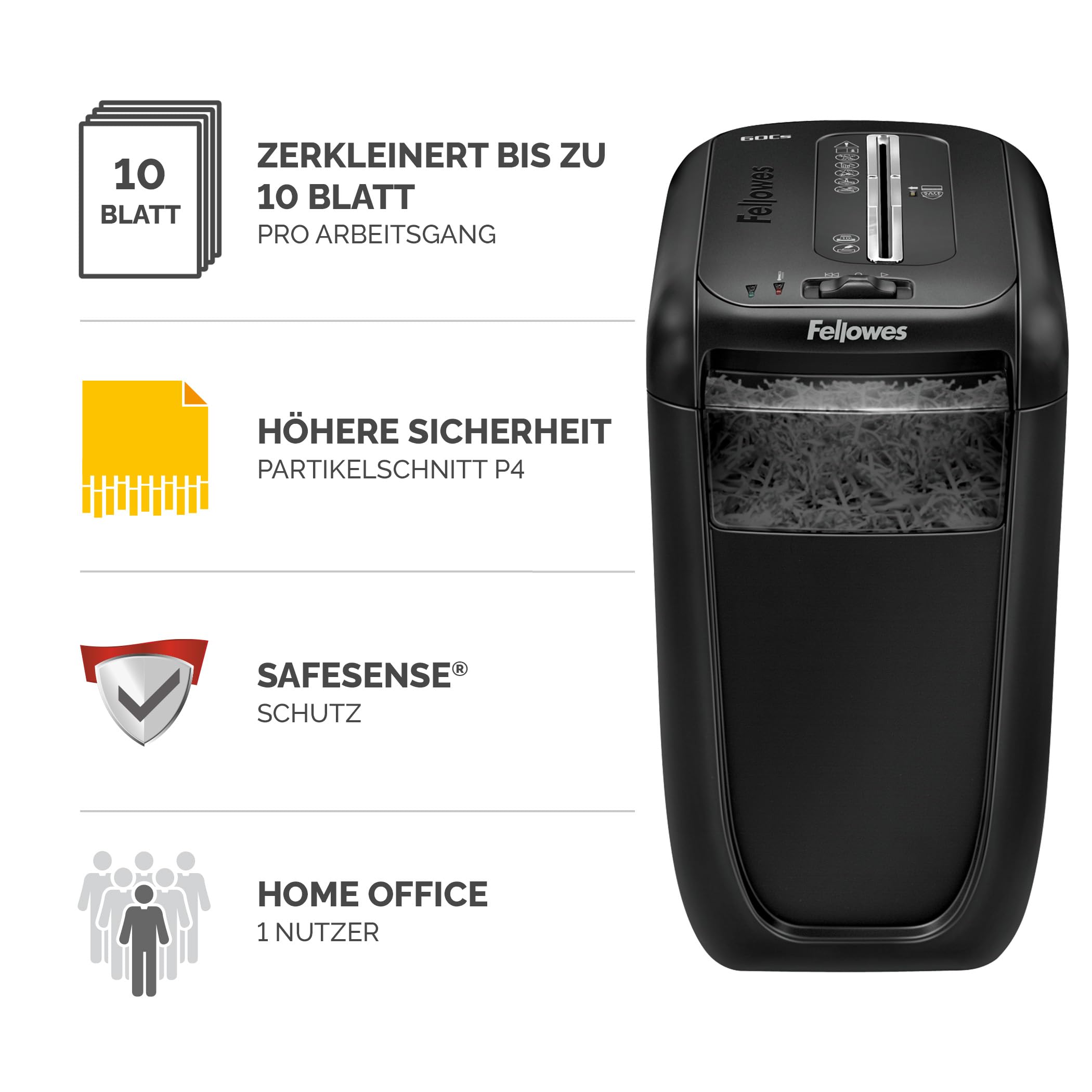 Fellowes Aktenvernichter Powershred 60Cs, Partikelschnitt (P-4), 10 Blatt, für Zuhause/Home Office, mit patentierter SafeSense Technologie