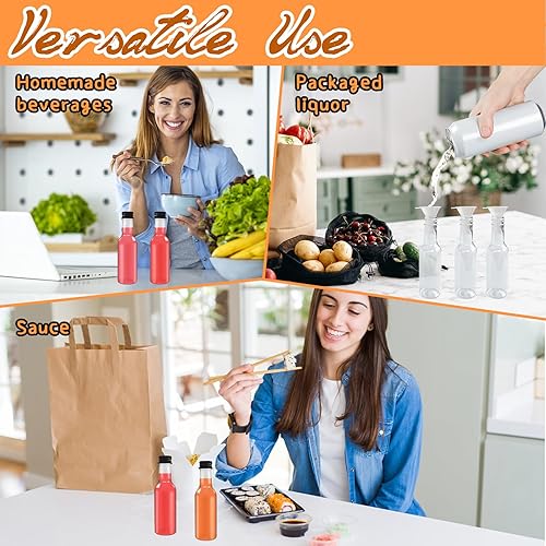 Miniatura 5 de Paquete de 30 mini botellas de licor de 1.7 onzas con tapa negra, botellas de alcohol de plástico con 10 embudos, botella de plástico hermética para