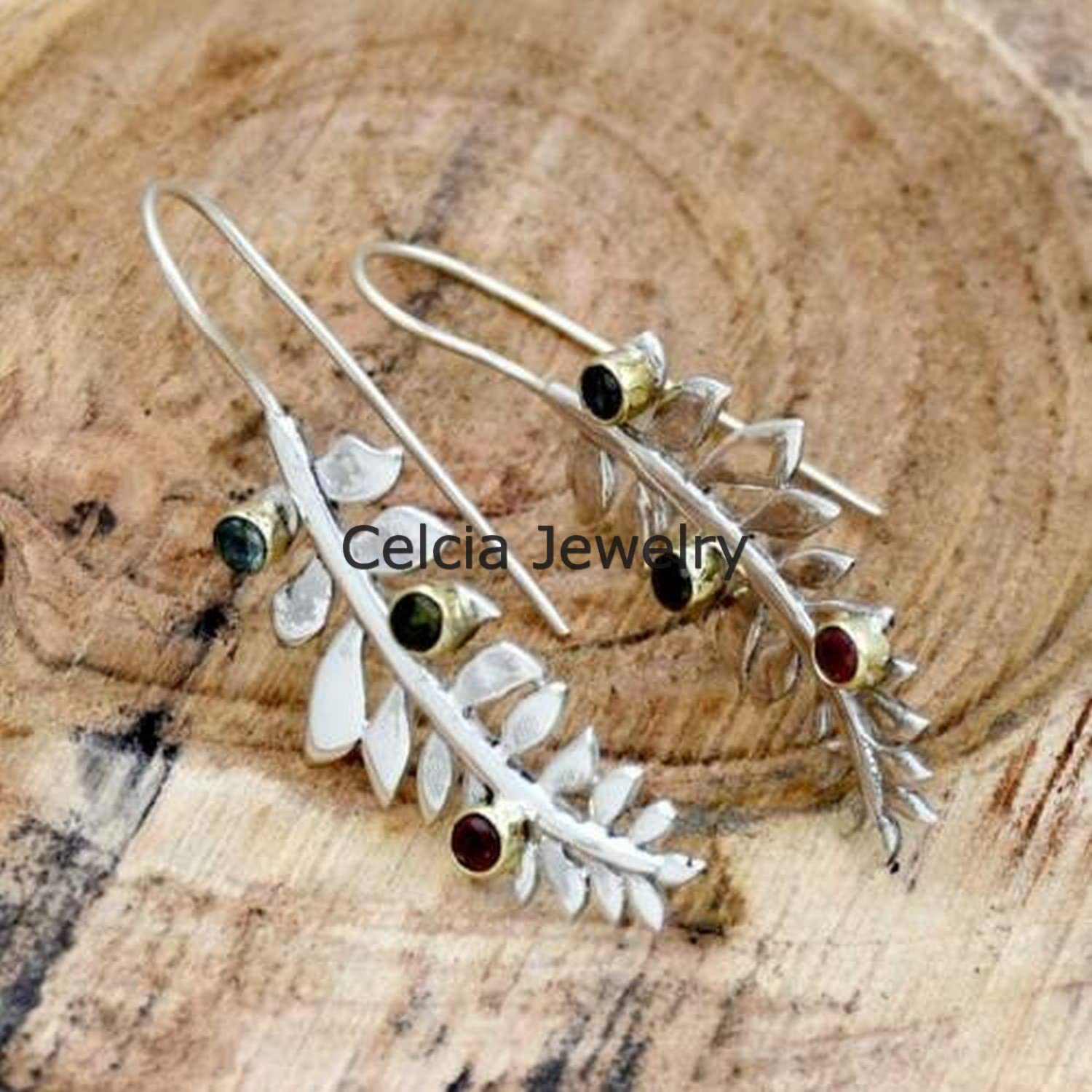 Pendientes únicos de piedras preciosas múltiples de granate, peridoto y topacio, pendientes apilables colgantes de lágrima, regalos de piedra natal de enero, agosto y noviembre