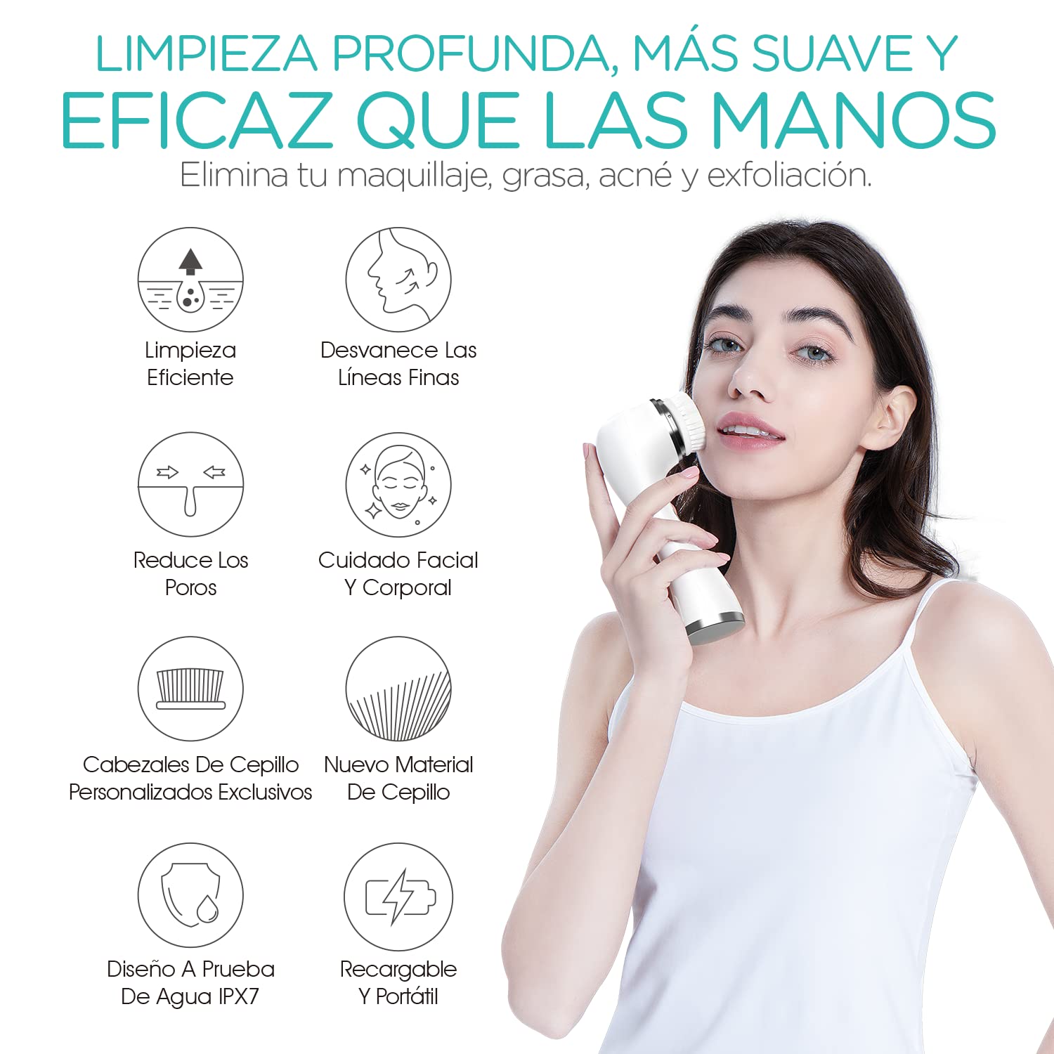 VOGOE Cepillo Limpiador Recargable, Exfoliante Giratorio IPX7, 3 Velocidades y 5 Cepillos Eléctricos para Cara y Cuerpo Limpieza Exfoliación y Masaje, Blanco
