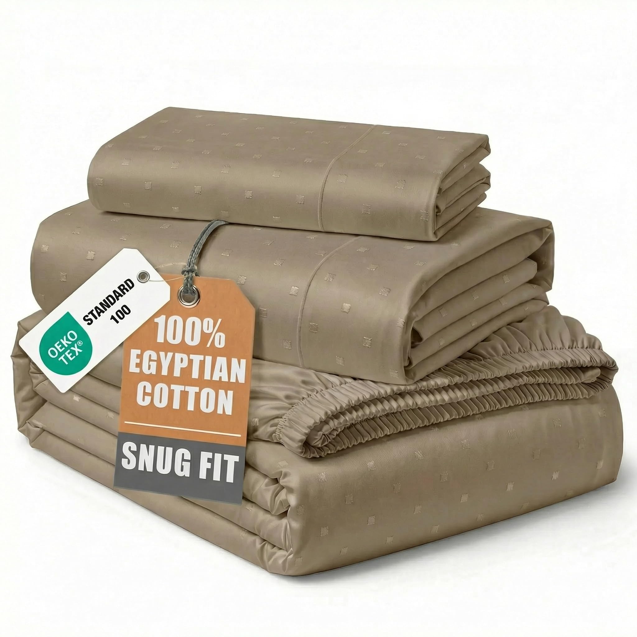 LANE LINEN Sheets Twin Size Bed Set Sateen Weave - Taupe Swiss Dot