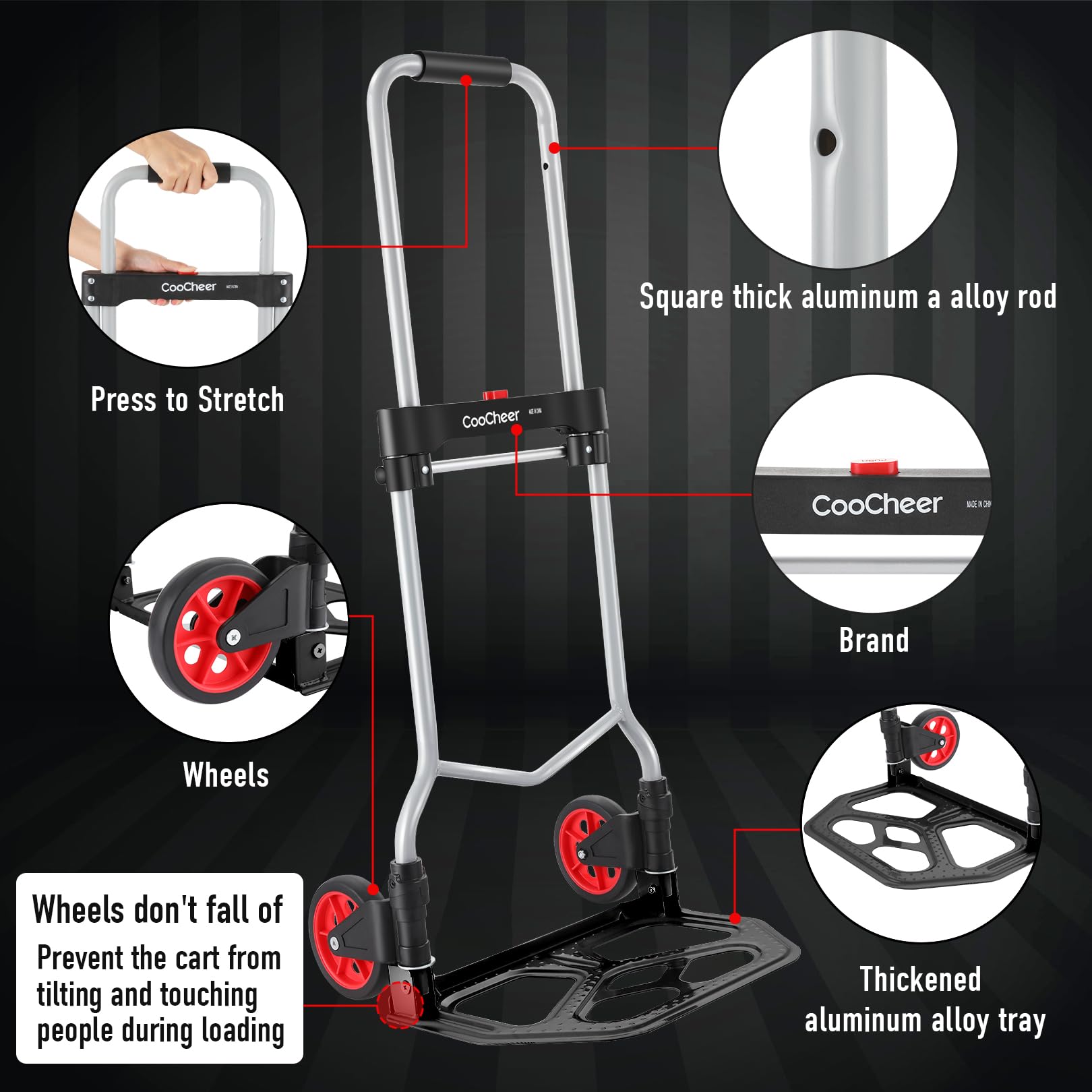 Carrello Pieghevole Portata 100kg, Carrello portapacchi in alluminio con Manico Allungabile, 2 Ruote e Cord con gancio per i viaggiatori, i traslochi, le attività domestiche