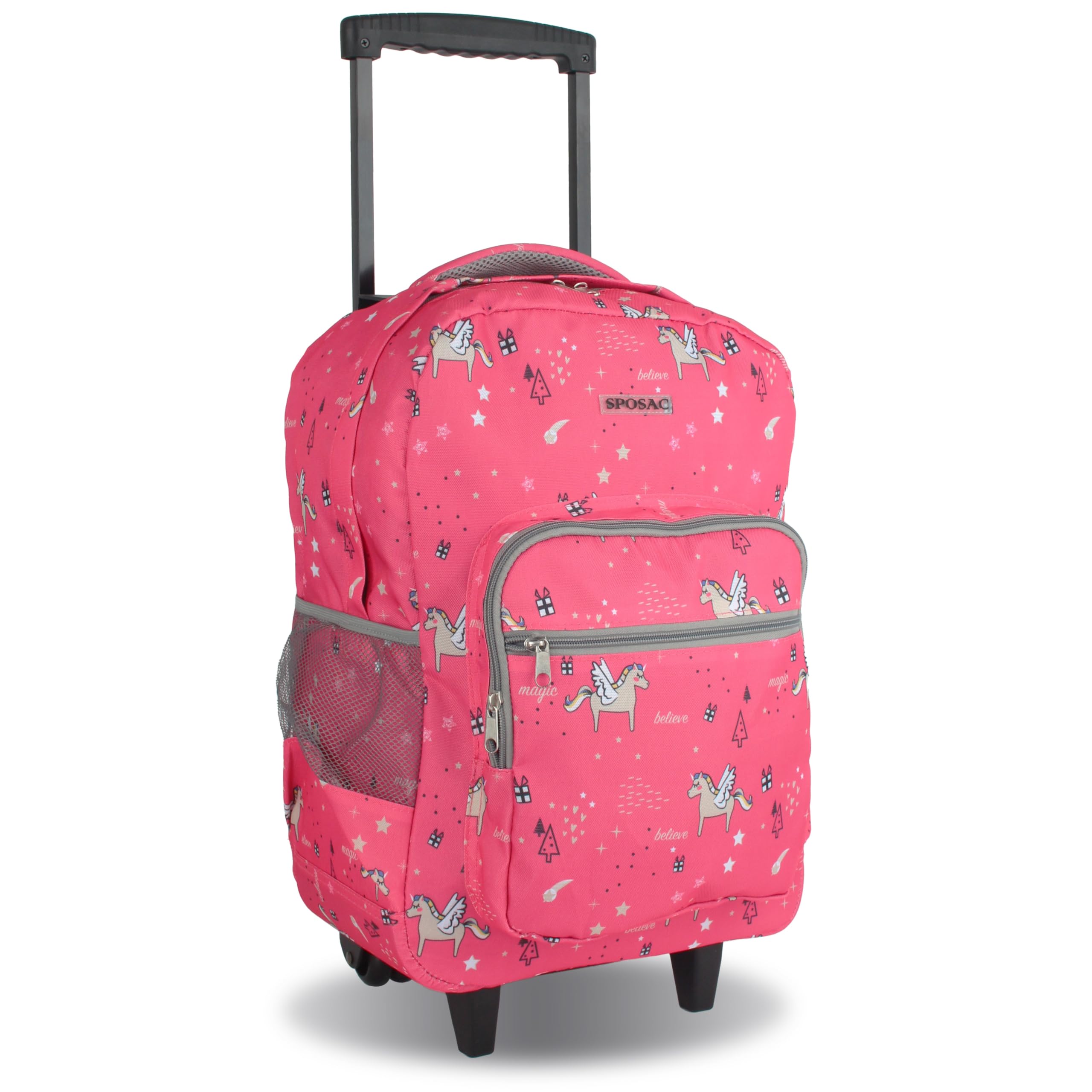 Sposac Rolling Backpack for Girls Boys. Roller Bookbag With Wheels for School Kids, Pink Unicorn