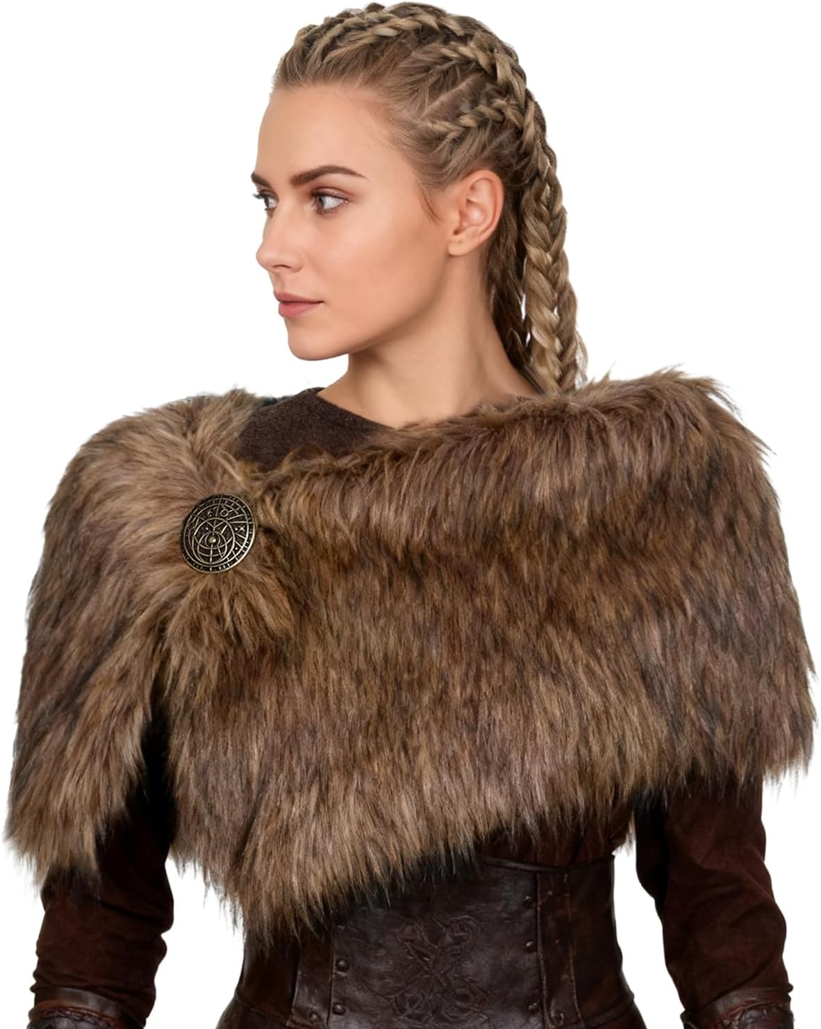 Women Viking Faux Fur Shawl and Wrap Fur Stole with Medieval Brooch Fur Collar for LARP GoT Warrior Costume Accessories