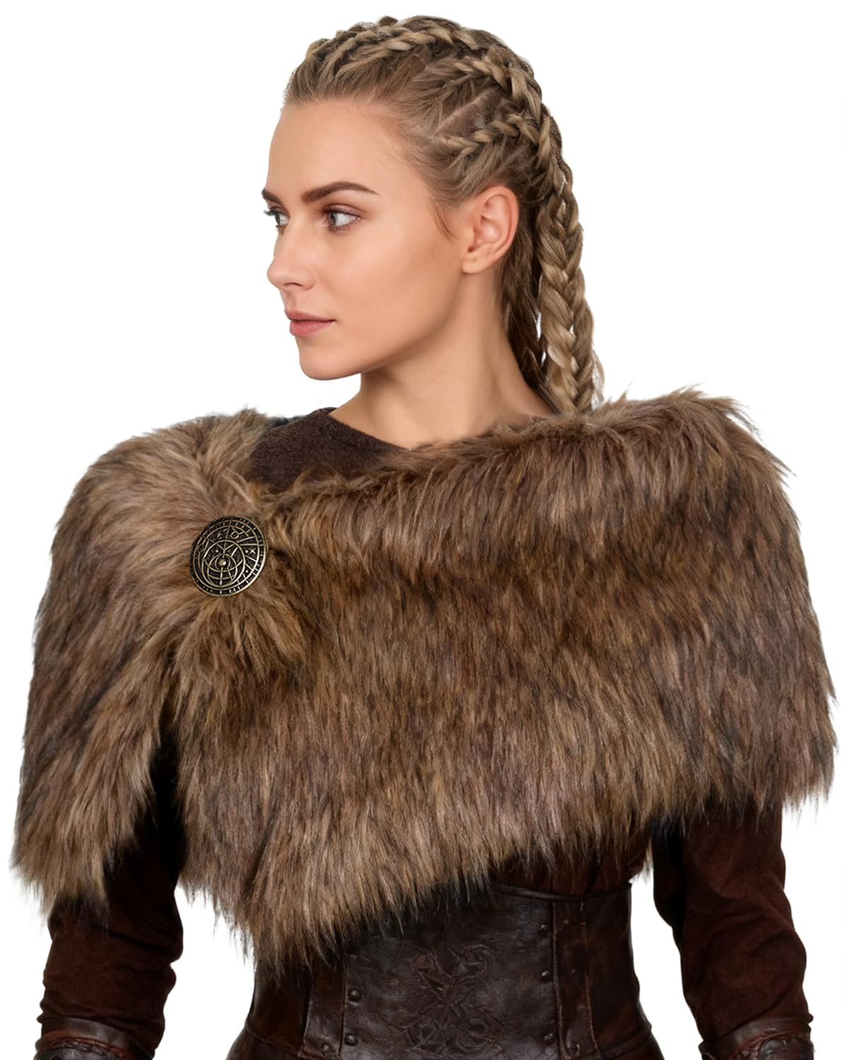 Women Viking Faux Fur Shawl and Wrap Fur Stole with Medieval Brooch Fur Collar for LARP GoT Warrior Costume Accessories