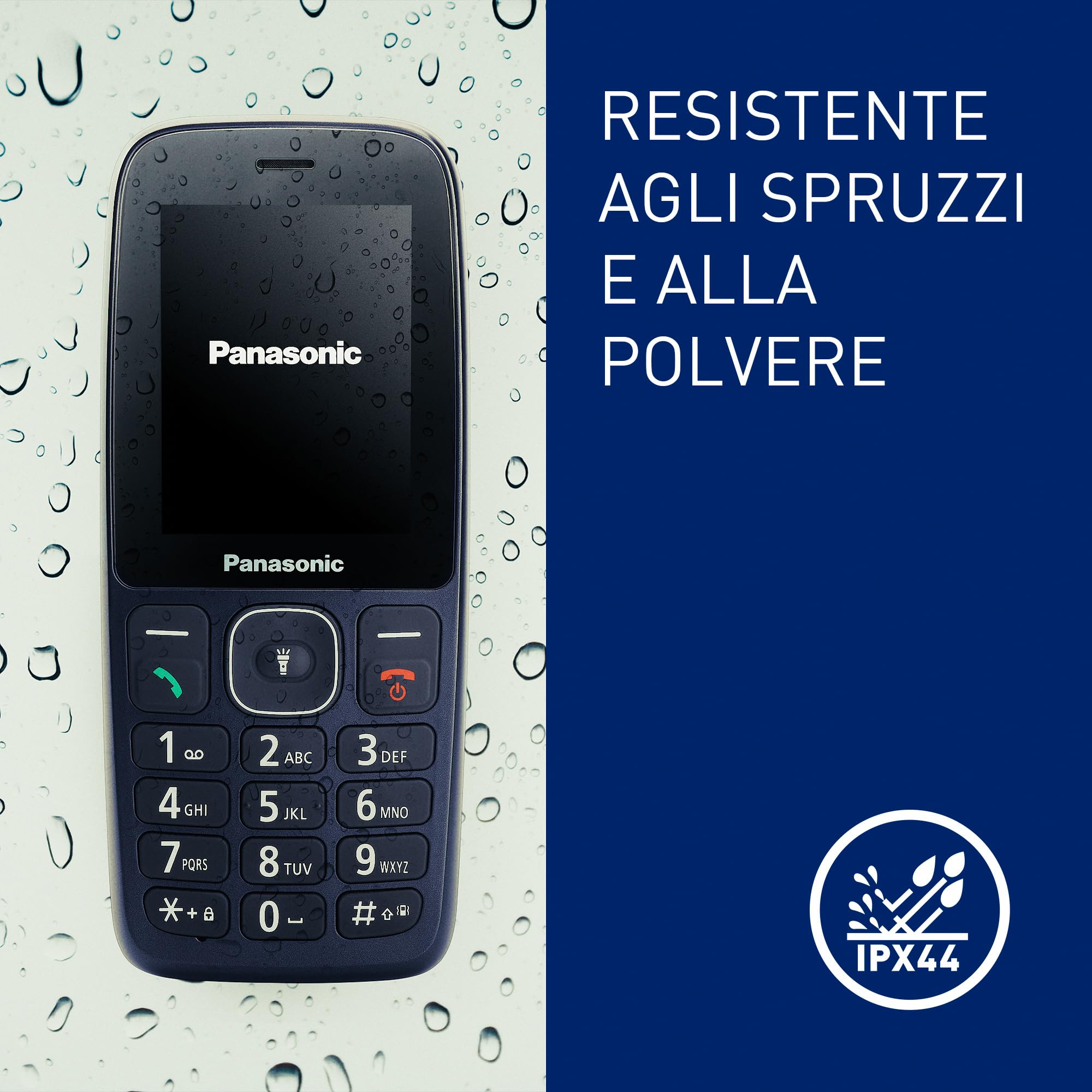 Panasonic KX-TF400EXC Telefono Cellulare 4G, VoLTE, Autonomia affidabile fino a 280 ore in modalità Standby, Ricarica USB-C, Display 2,4'', Bluetooth, Torcia LED, Resistente all'Acqua IP44, Blu