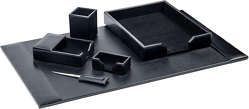Dacasso Juego de madera y cuero de lujo de cuero para escritorio y organización de escritorio 6 piezas color negro