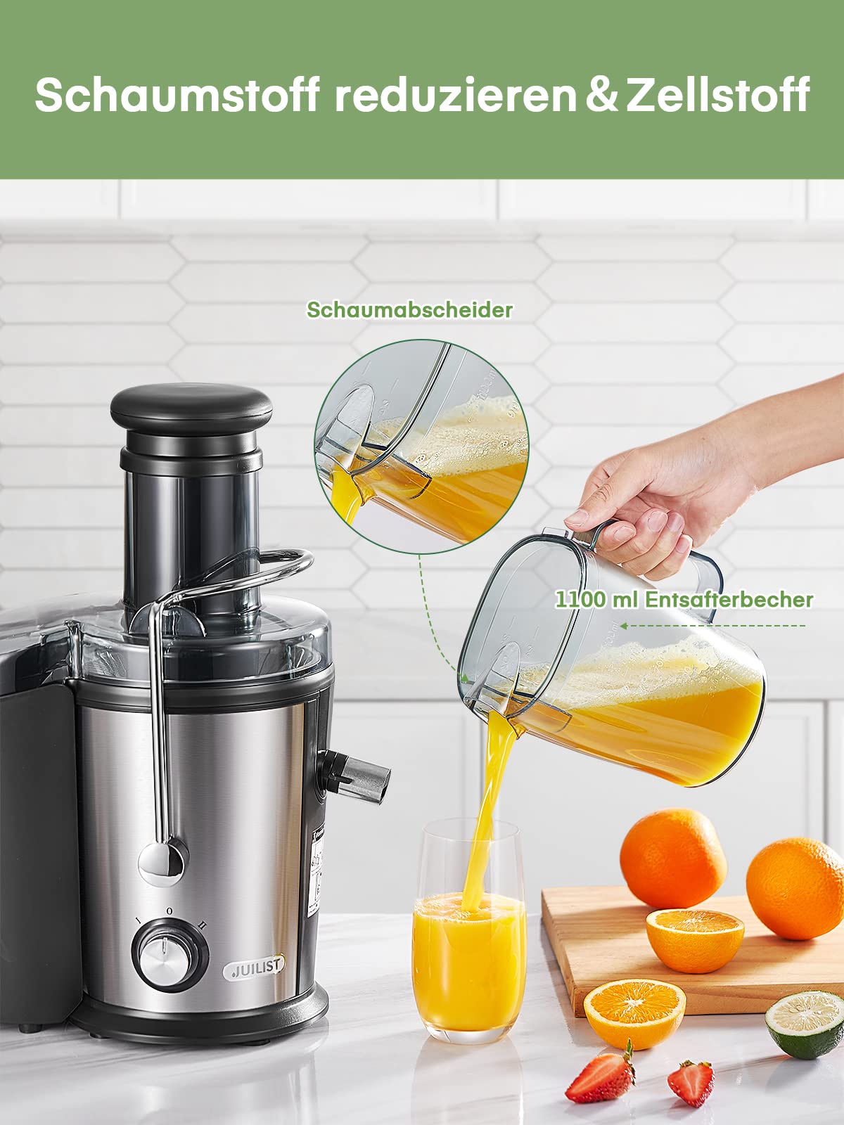 Juilist Entsafter Gemüse und Obst 800W, Edelstahl Saftpresse mit 75mm Einfüllöffnung, 2 Geschwindigkeitsstufen, 1100ml Saftbehälter, Einfach zu Reinigen, inkl. Bürste & Rezeptbuch