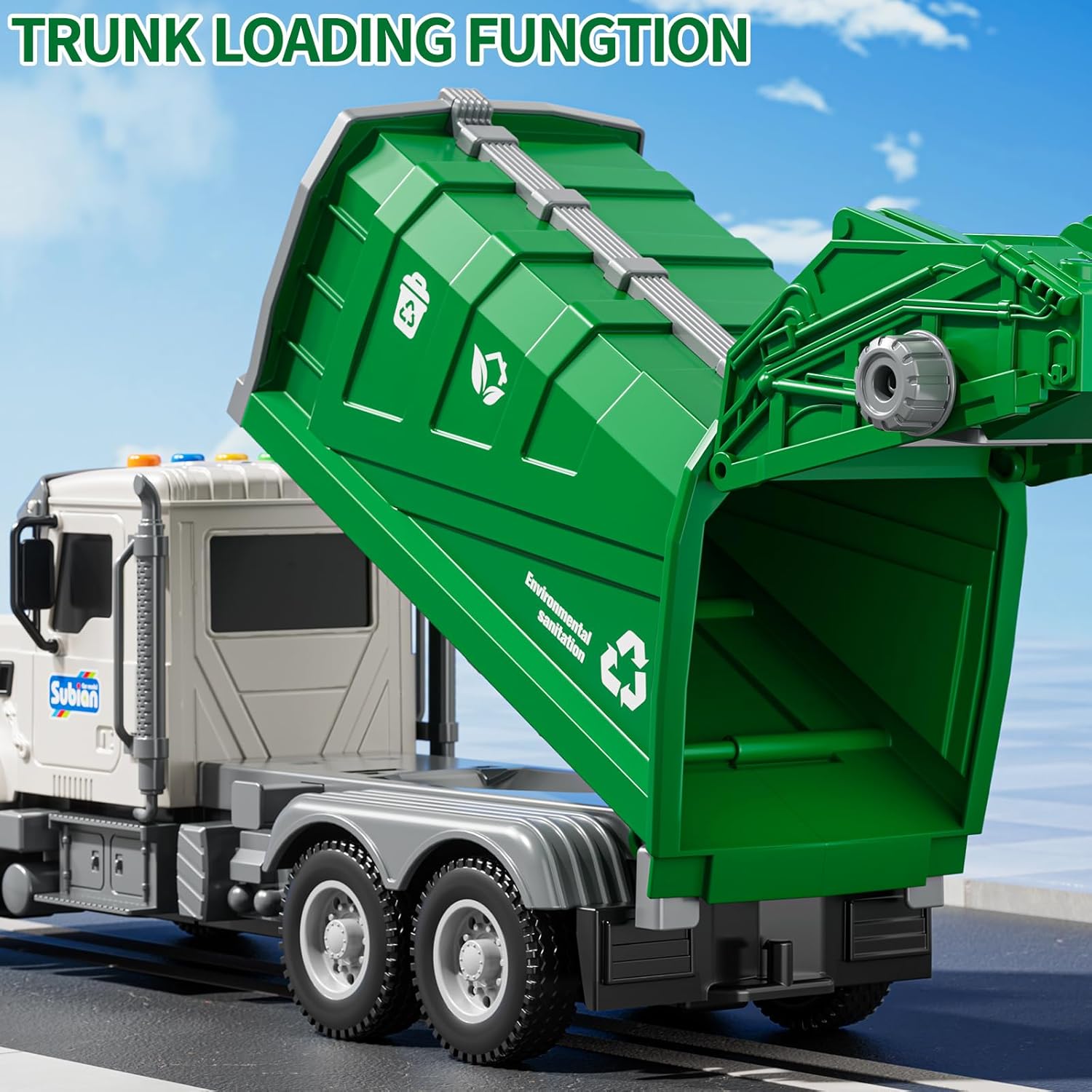 Lato view of the NIPLOOOW garbage truck toy with its rear trunk lifted, showing the dumping mechanism.