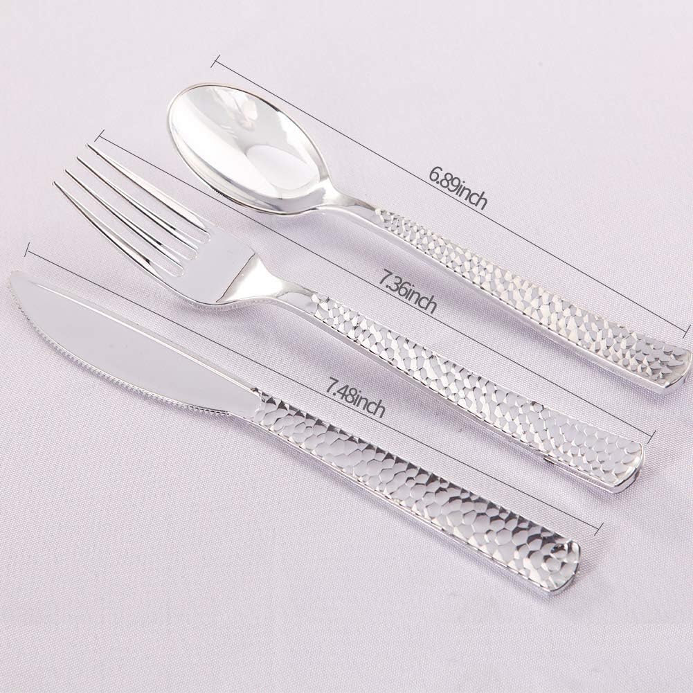 Supernal 360pcs Silver Plastic Cutlery,Elegant Plastic Silverware,Silver Hammed Silverware,Disposable Flatware,Include 120 Forks,120 Knvies,120 Spoons,Perfect for Birthday,Party,Wedding - Image 2