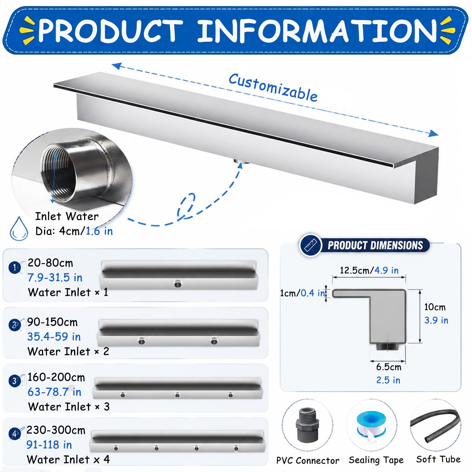 Integrado Cascada Para Estanque Jardín Para Jardín Estanque De Carpas Koi | Desagüe Para Cascada De Piscina De Acero Inoxidable 304, Conector PVC, Cinta De Sellado Tubo Flexible(Outlet W 32"/81cm)