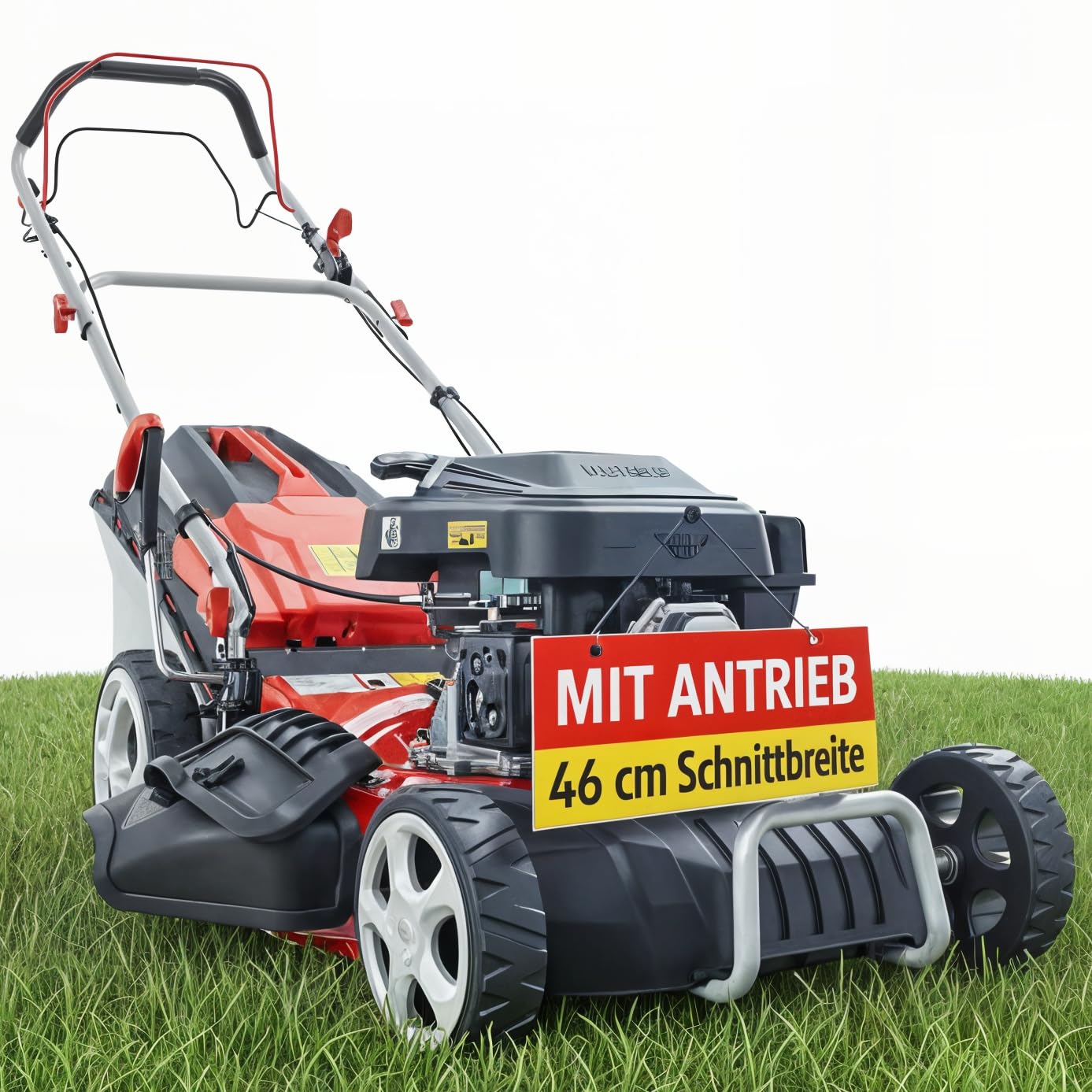 HECHT 5in1 Benzin Rasenmäher – 46 cm Schnittbreite, Radantrieb | 4-Takt Motor mit Selbstantrieb, Mulchfunktion und Seitenauswurf – für Rasenflächen bis 1000 m² im Garten