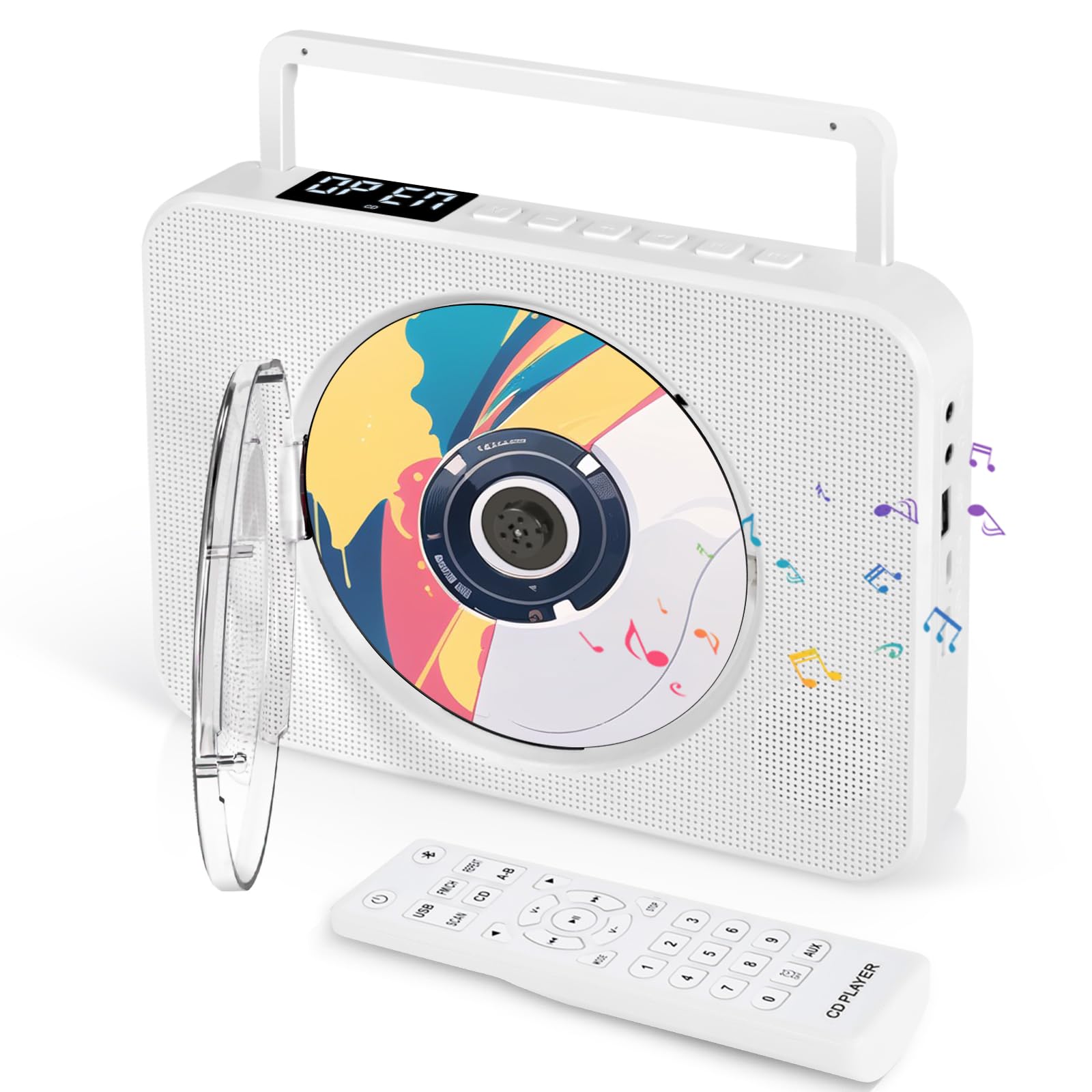 Lettore CD Portatile Bluetooth, lettore CD HIFI Stereo con supporto da tavolo, lettore musicali con telecomando con doppi altoparlanti HIFI integrati, porta USB, presa per cuffie AUX da 3,5 mm
