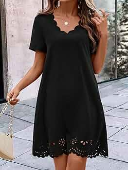 ワンピース Lady scallop dress-Black Amazon.com: Neeno Women's Dresses Laser Cut Scallop Trim