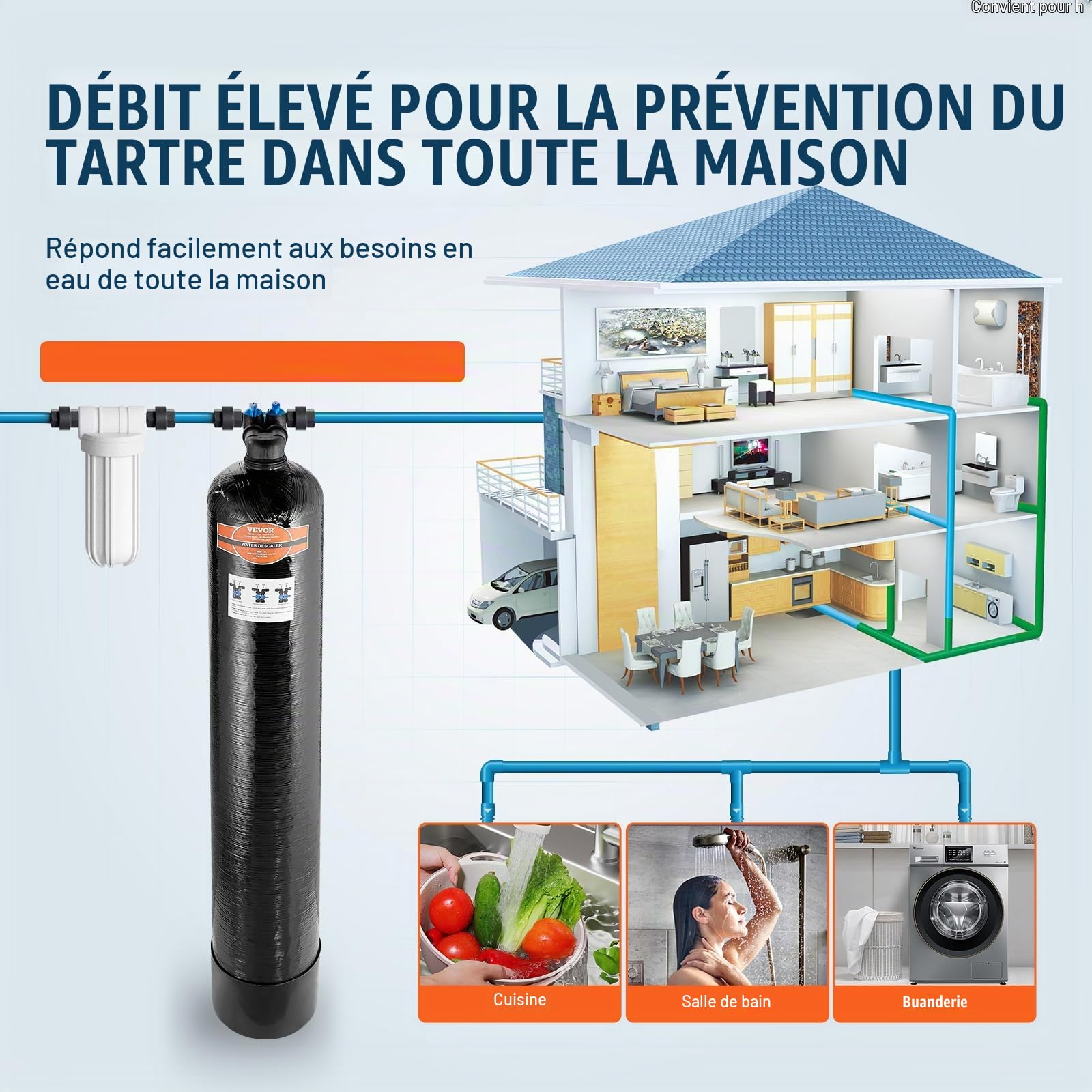 VEVOR Adoucisseur d’Eau sans Sel pour Toute la Maison 5-8 Personnes, Système de Détartrage pour l'Eau de Ville, Détartreur Capacité 42000 Tonnes, 1" BSPT et 3/4" BSPT, pour Tous les Tuyaux, Maison