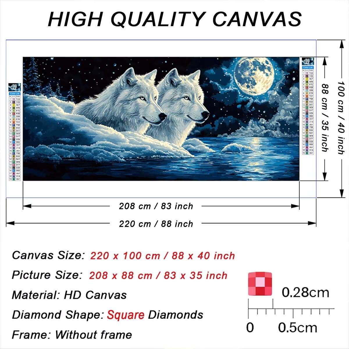 Wolf Diamond Painting Groß XXL 220x100cm, Diamant Painting Bilder Mond Muster, DIY Set Erwachsene mit Eckige Steine, Kreativ Set für Erwachsene, Herbstdeko, Geschenke für Frauen Weihnachtsdeko B-1