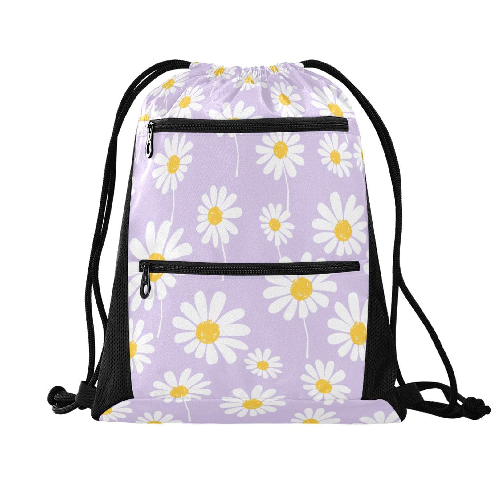 FRODOTGV Seamless Daisy Flower Purple Drawstring Backpack with Mesh Pockets Sports Gym Yoga Sackpack Water Resistant Drawstring Backpack for Women Men โ image 1