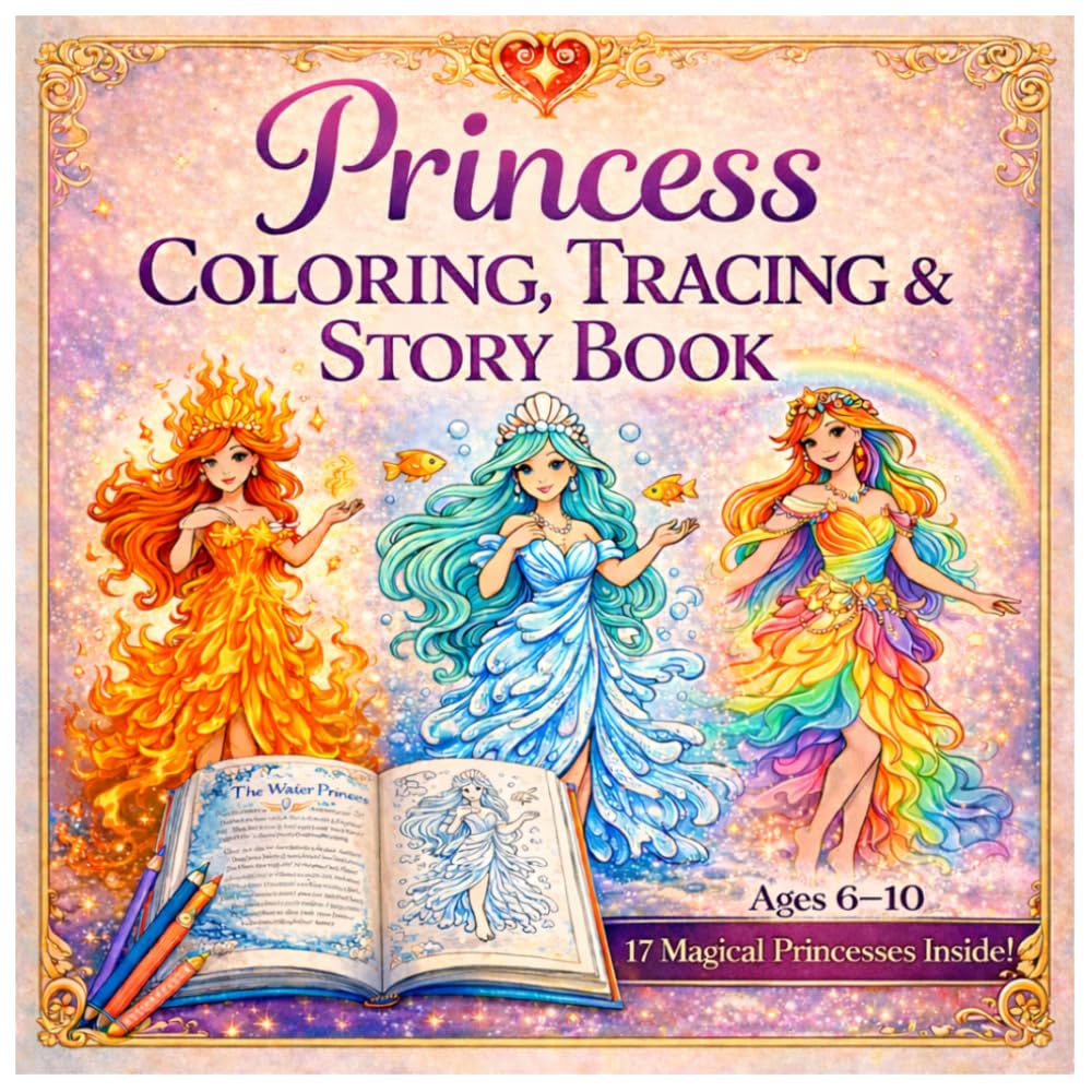Princess Coloring, Tracing & Story Book: Color, Trace and Read About Their Magic