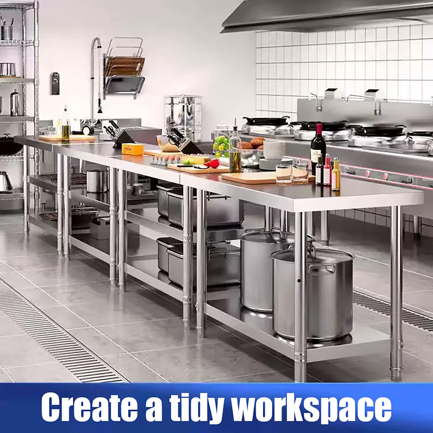 Tavolo Inox da Preparazione A 3 Ripiani, Tavolo da Cucina Commerciale con Ripiano Portaoggetti, Scaffale in Metallo, Banco da Lavoro in Acciaio per Ristoranti, Casa, Garage,90x60x80cm