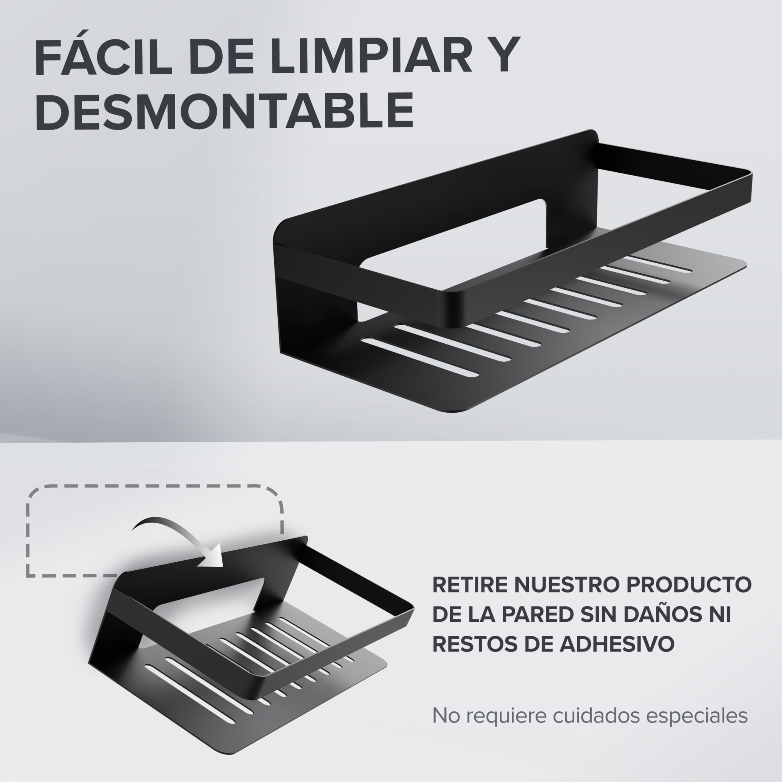 Ovimar Cesta de Ducha Rectangular Hinnoya | Negro Mate | Acero Inoxidable | Sin Taladrar | Para Pegar | Plato de Ducha | Ahorra Espacio | Para Bañera | Guarda Gel