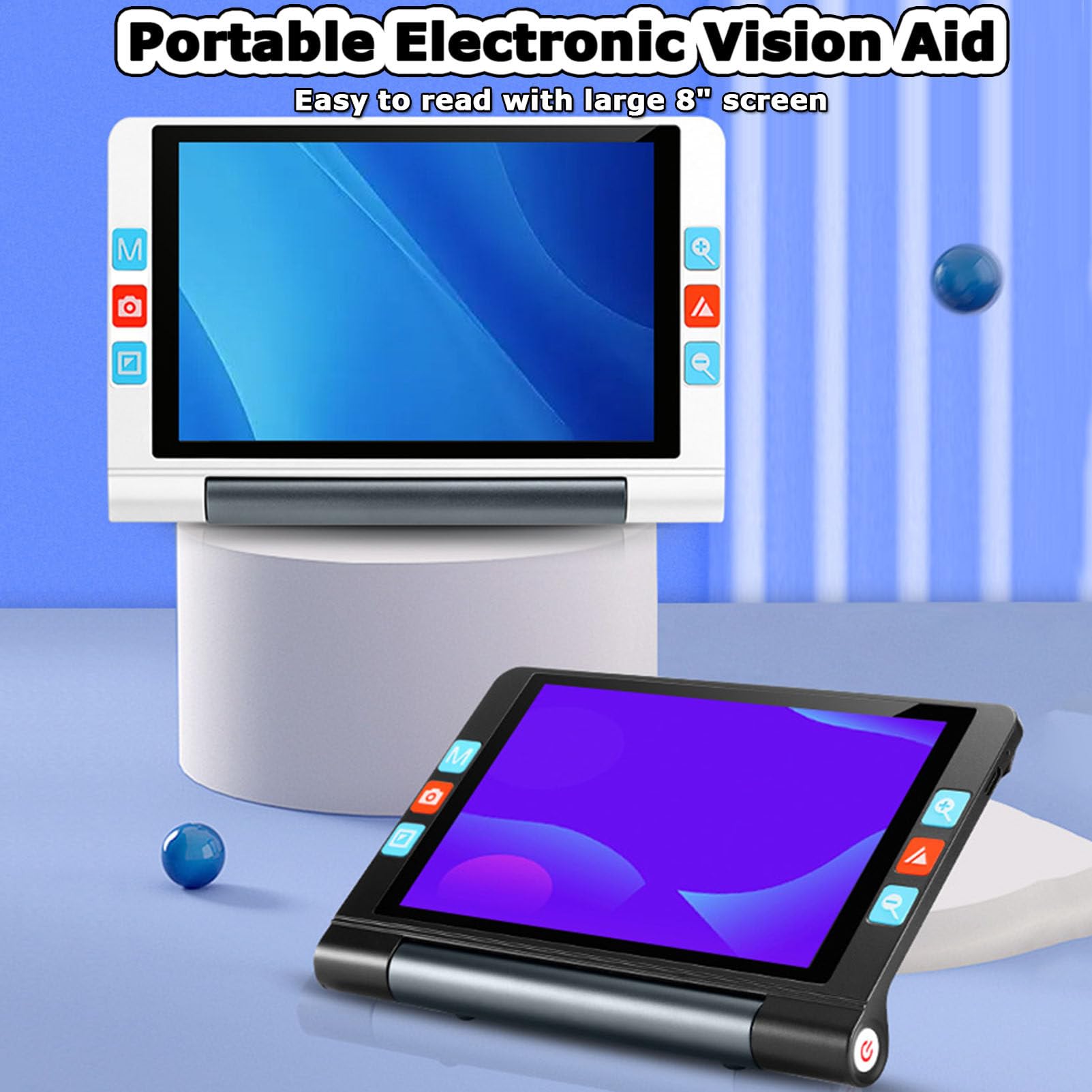 Lupa Digital portátil, Ayuda de Lectura electrónica, Pantalla táctil de 8 Pulgadas 1280x800 con Mango Plegable para visión Baja, Enfoque automático de Lentes de cámara lejos y cercano,White
