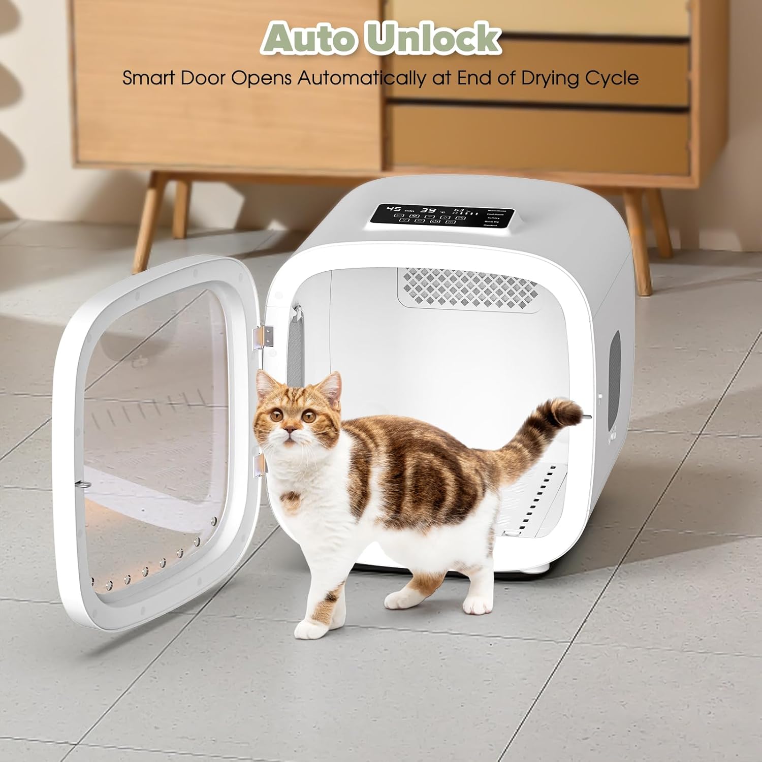 Kikihouse 52L Automatic Pet Dryer Box with 5 Modes, Hands-Free Pet Grooming Dryer for Cats & Dogs, Adjustable Temperature & Wind Speed, Low Noise, Safety Features, Timer & Interior Light