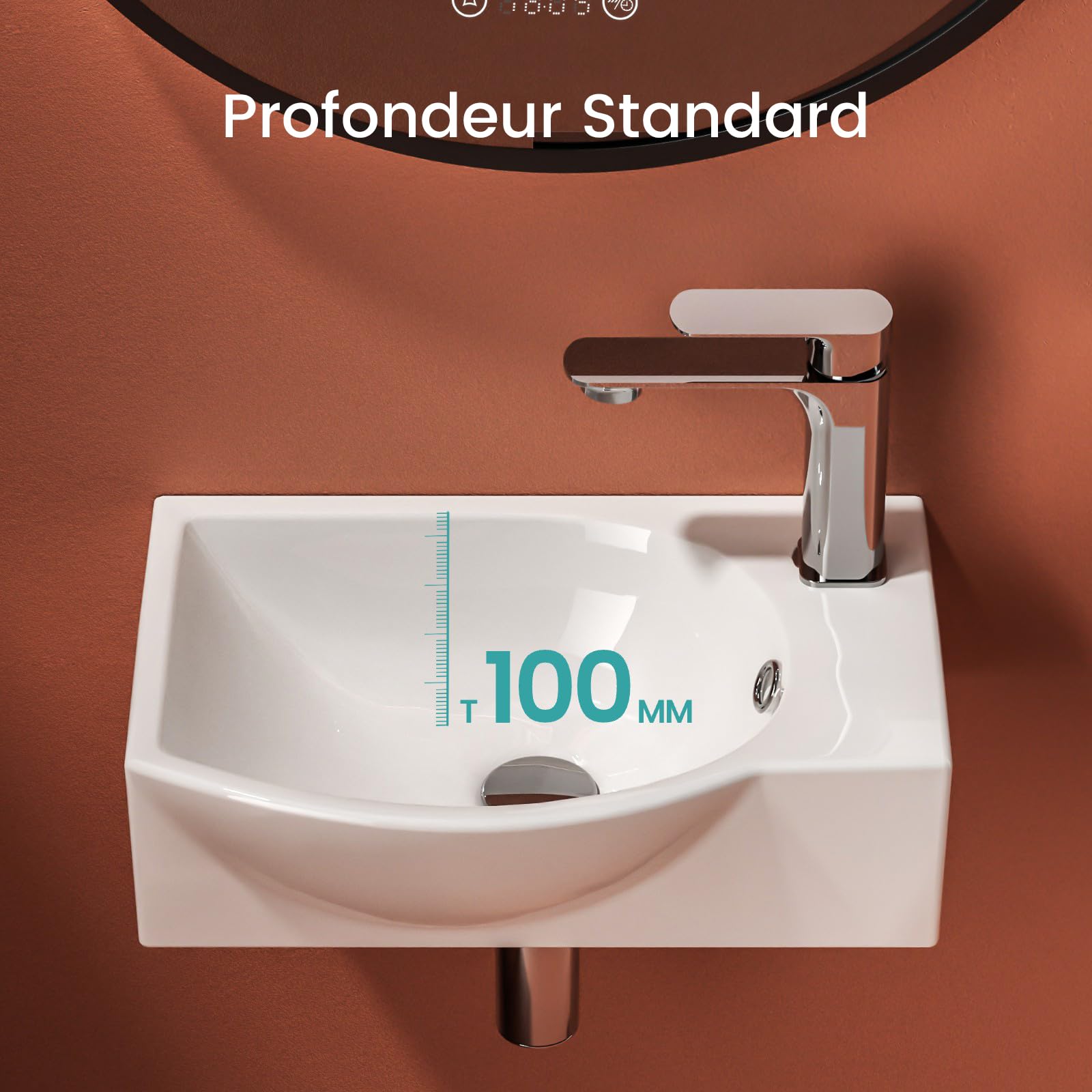 EMKE Lave-Mains pour WC Étroit 40 cm,Robinet à Droite, 405 x 280 x 140 mm | Petit Lavabo Céramique Rectangulaire Blanc Brillant, Petite Vasque Suspendue au Mur Gain de Place(Sans Robinet ni Bonde)