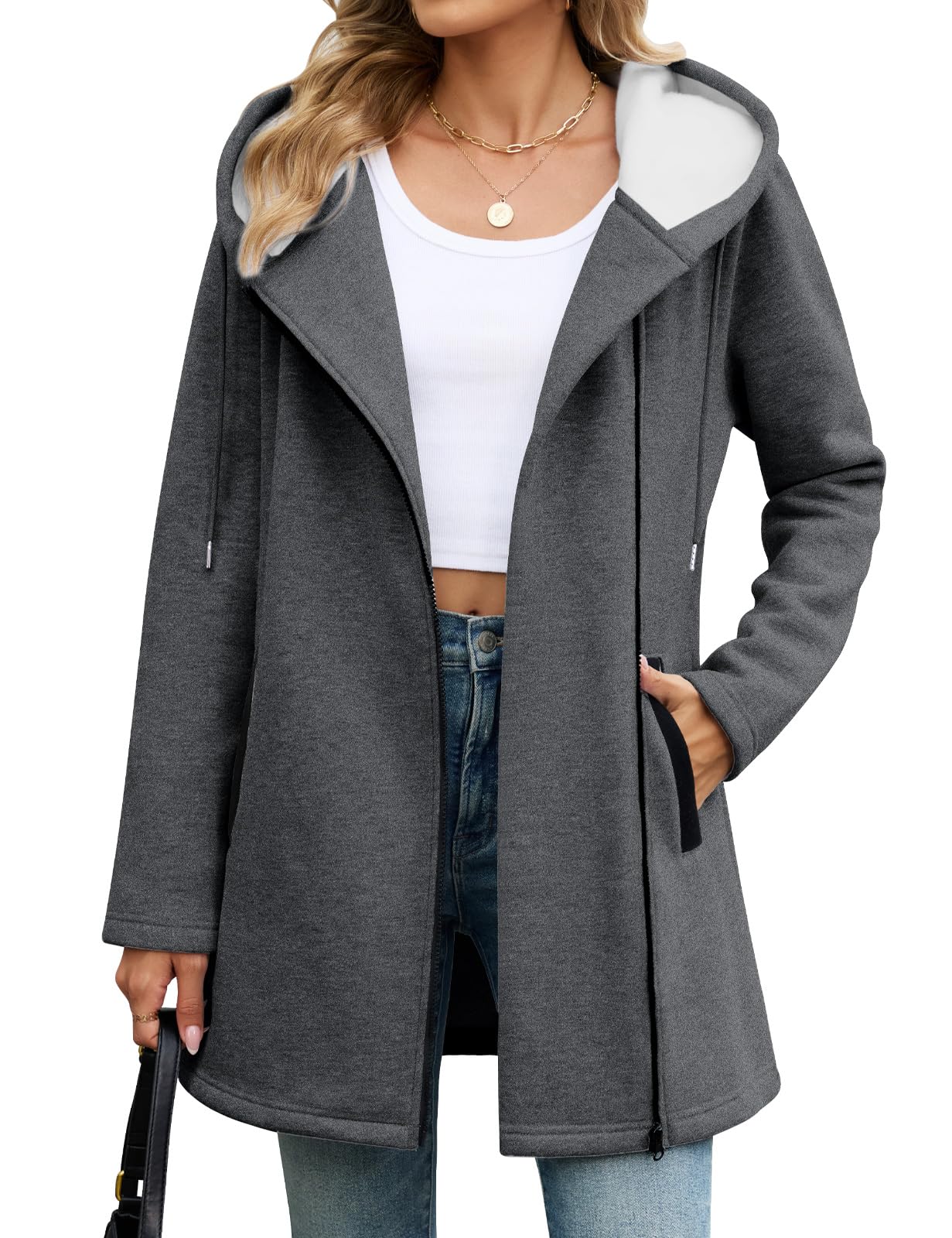 Vancavoo Fleecejacke Damen Sweatjacke mit Kapuze Übergangsjacke Hoodie Jacke Elegant Kapuzenpullover Frühling Herbst Lang Kapuzenjacke mit Taschen