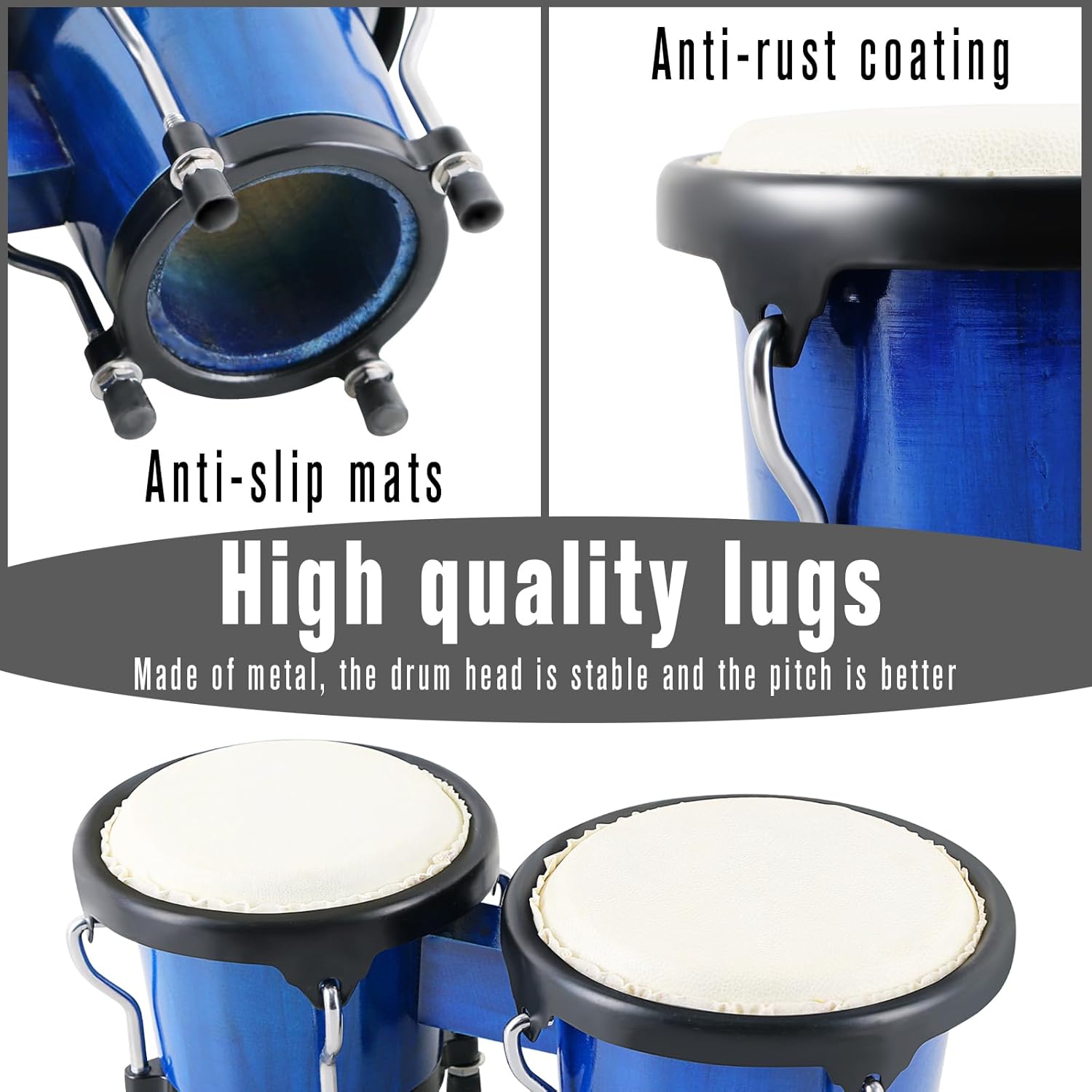 Wood Bongos Drum Set for Beginners Natural Adult Bongo with Tuning Wrench Bongo Drums 4" and 5" Tunable Percussion bongo drum Natural Animal Hides Metal (Blue)